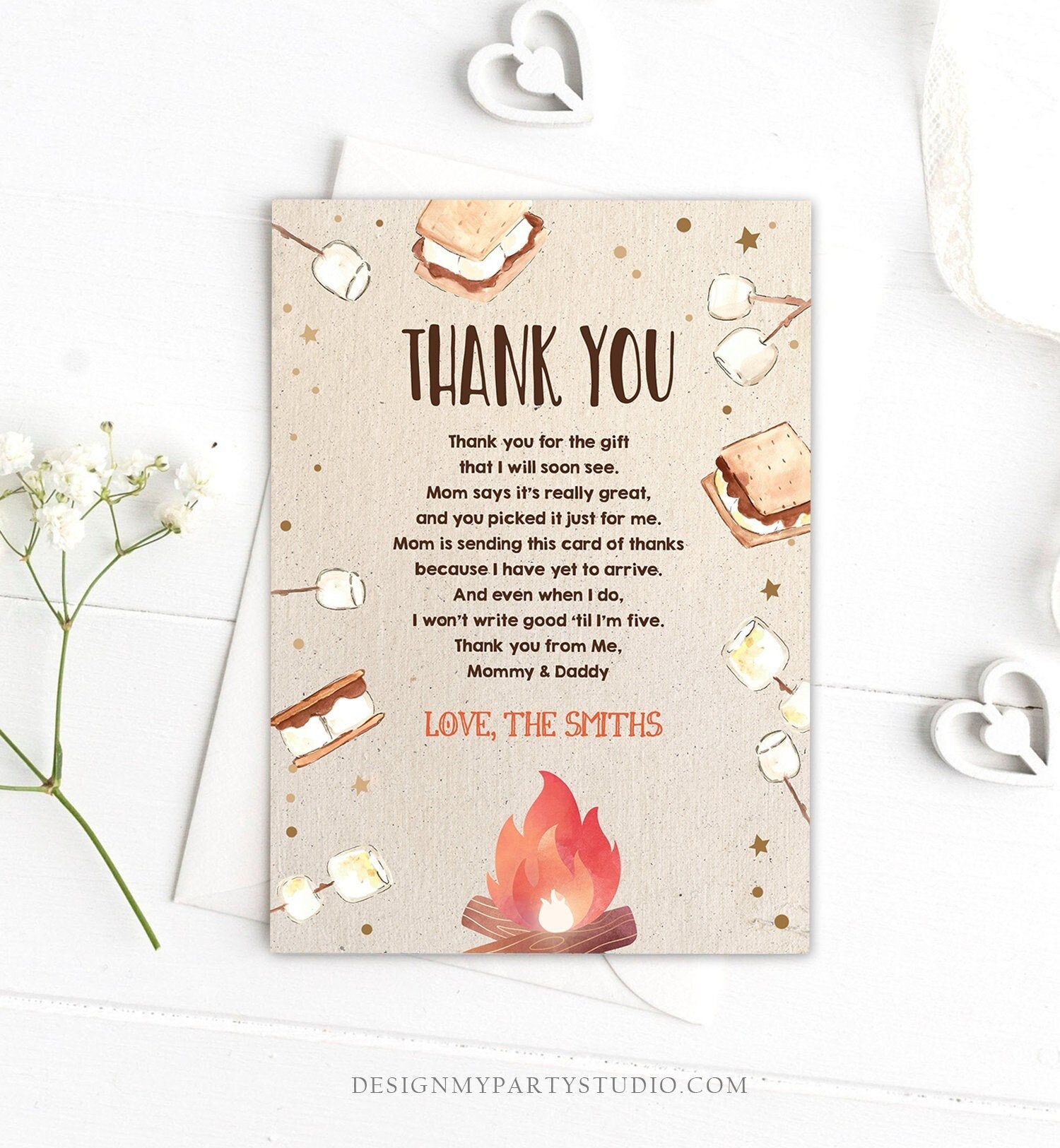 Editable Baby shower Thank you Card S'more fun Smores Thank You Rustic Gender Neutral Fall Autumn Template Instant Download Corjl 0179