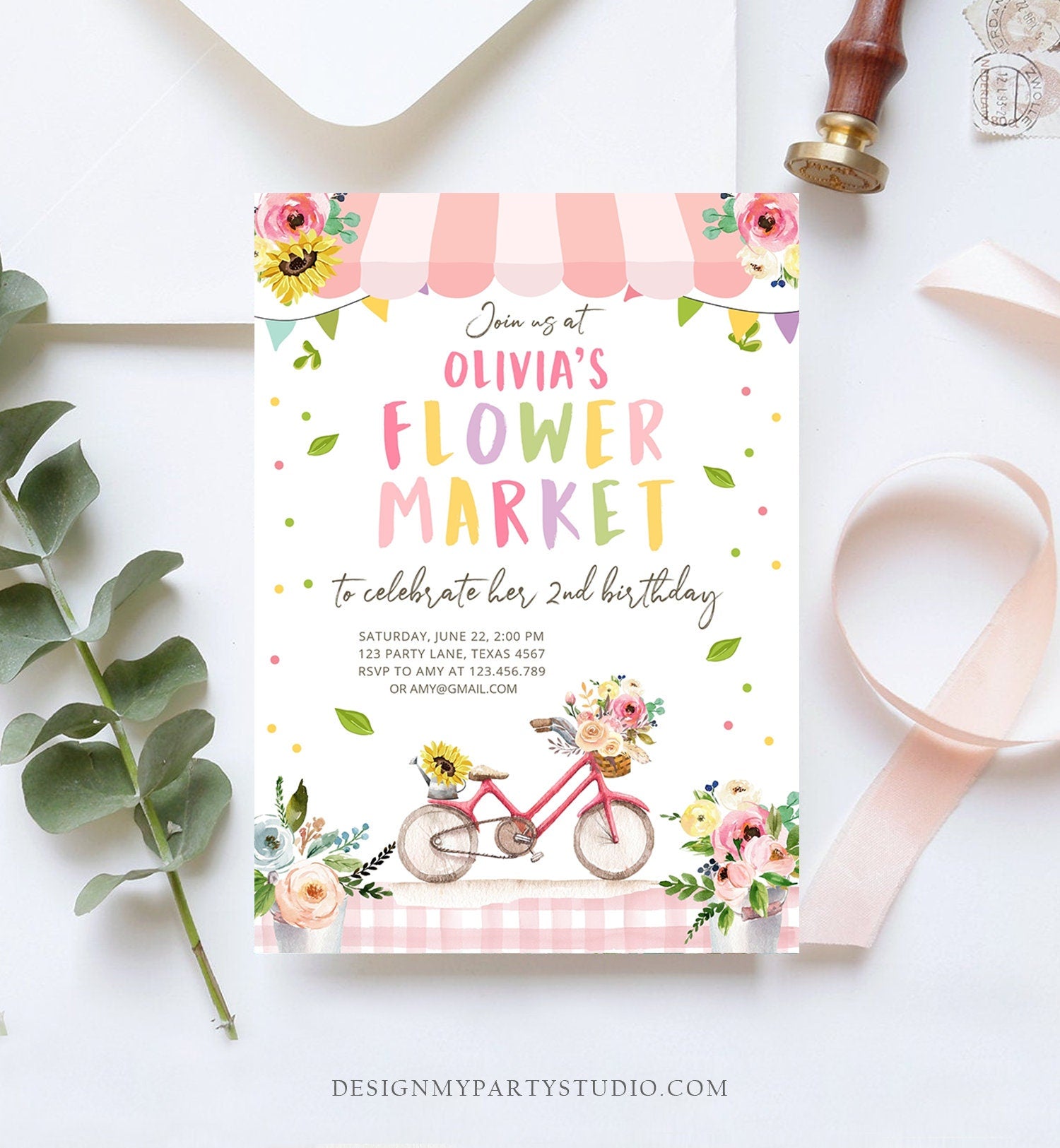 Editable Flower Market Birthday Invitation Home Grown Farmers Farm Floral Market Girl Pink Digital Download Evite Template Printable 0347