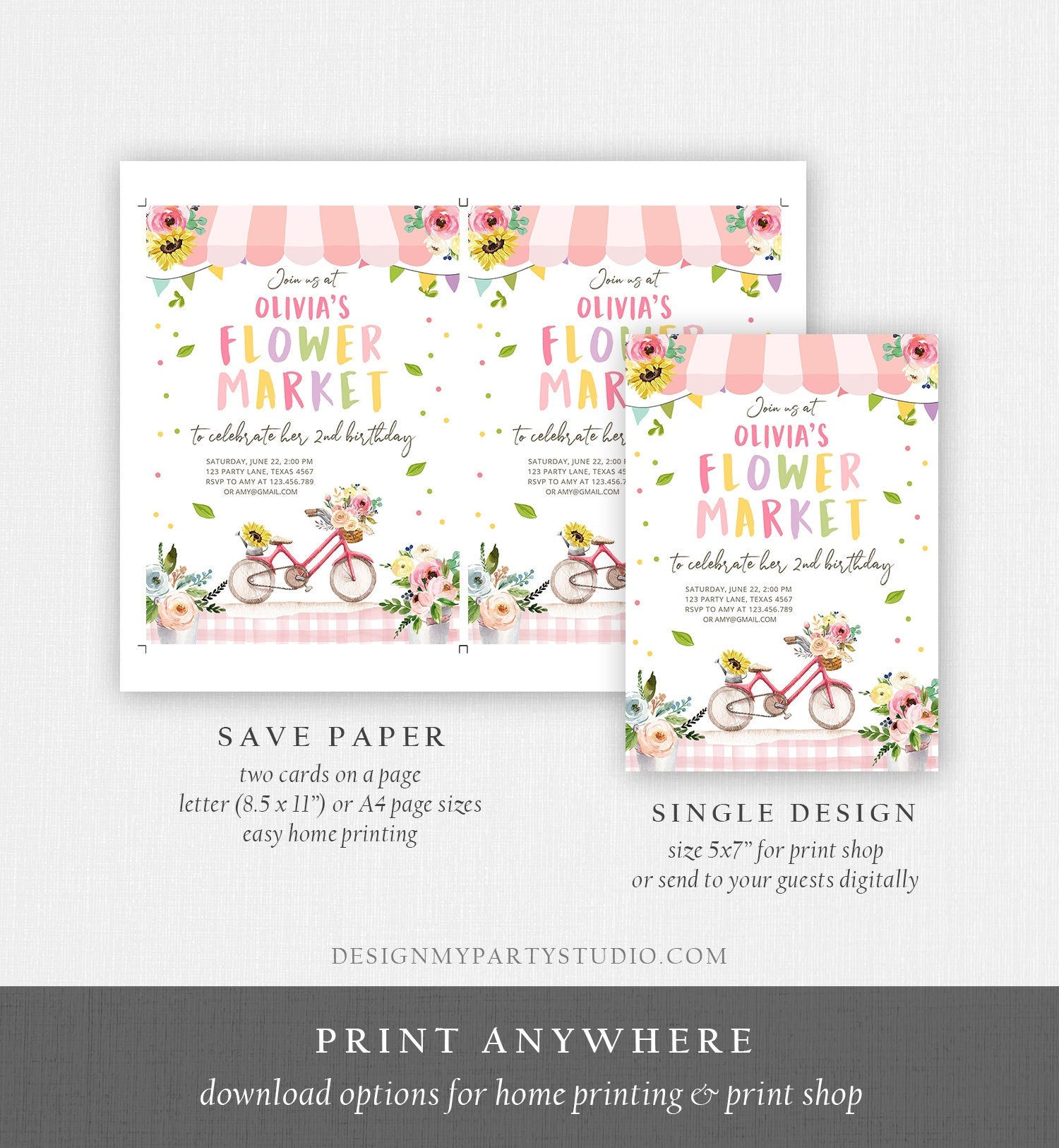 Editable Flower Market Birthday Invitation Home Grown Farmers Farm Floral Market Girl Pink Digital Download Evite Template Printable 0347