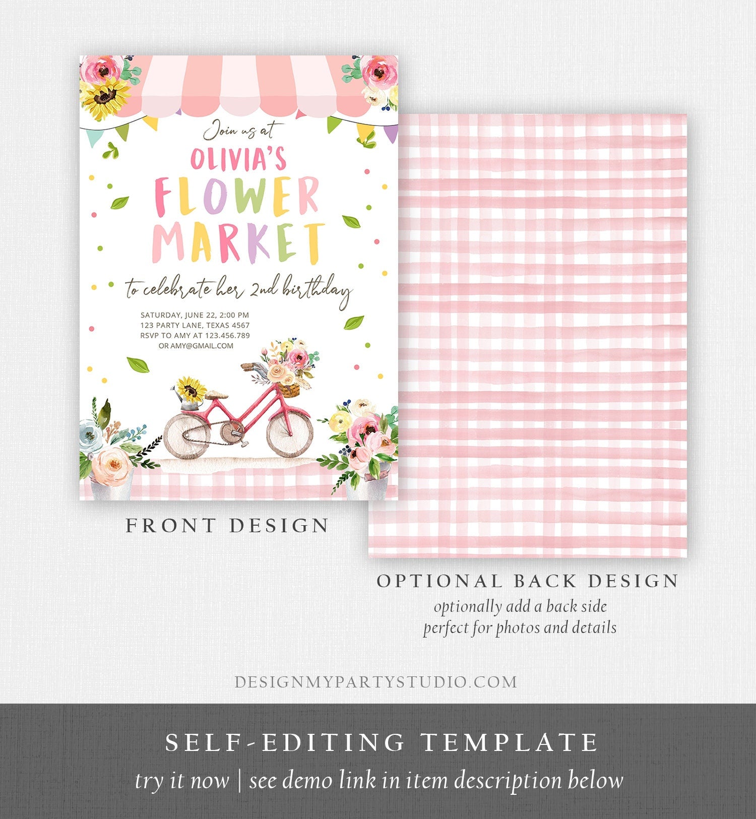 Editable Flower Market Birthday Invitation Home Grown Farmers Farm Floral Market Girl Pink Digital Download Evite Template Printable 0347