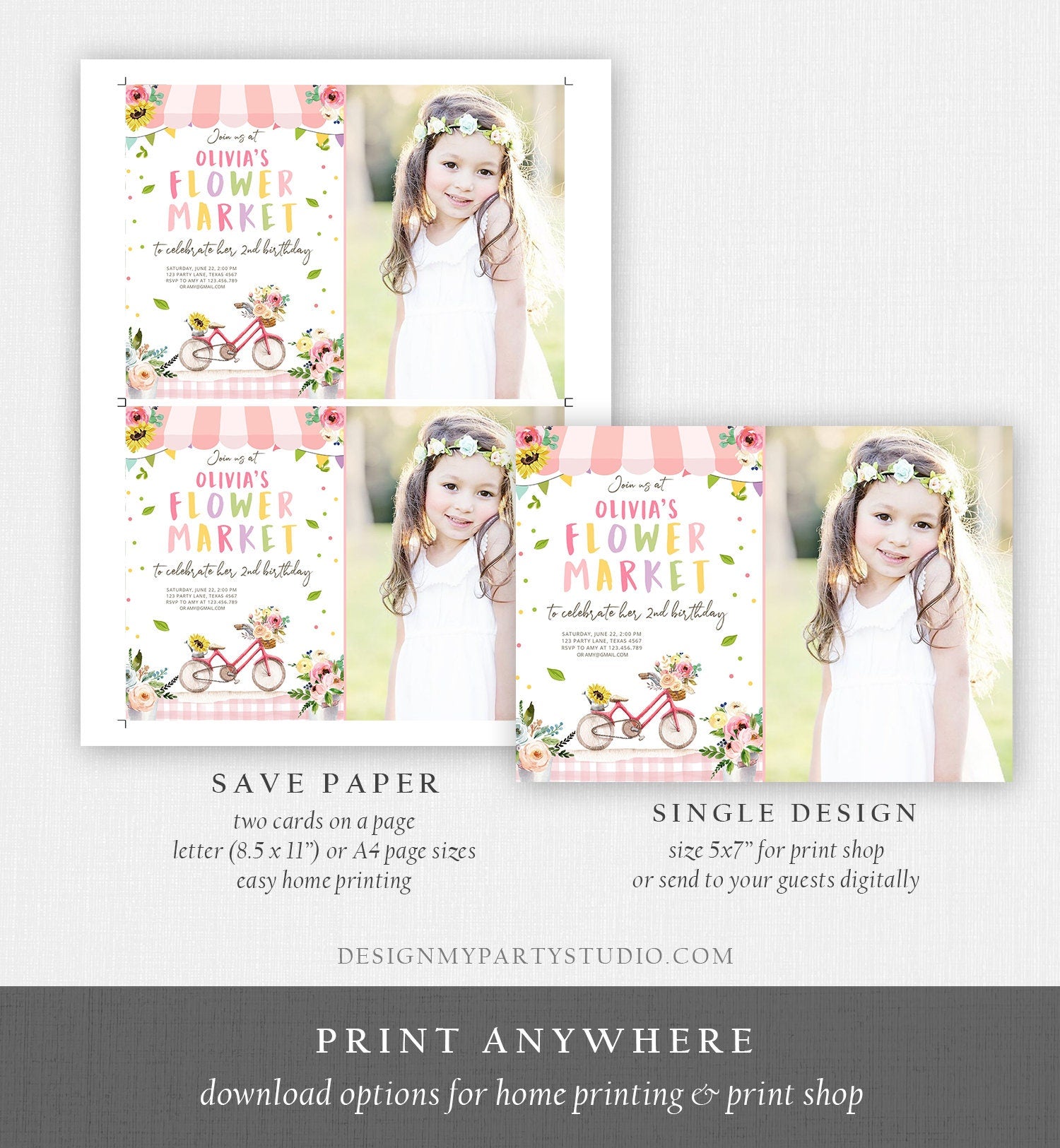 Editable Flower Market Birthday Invitation Home Grown Farmers Farm Floral Market Girl Pink Download Printable Invite Template Corjl 0347