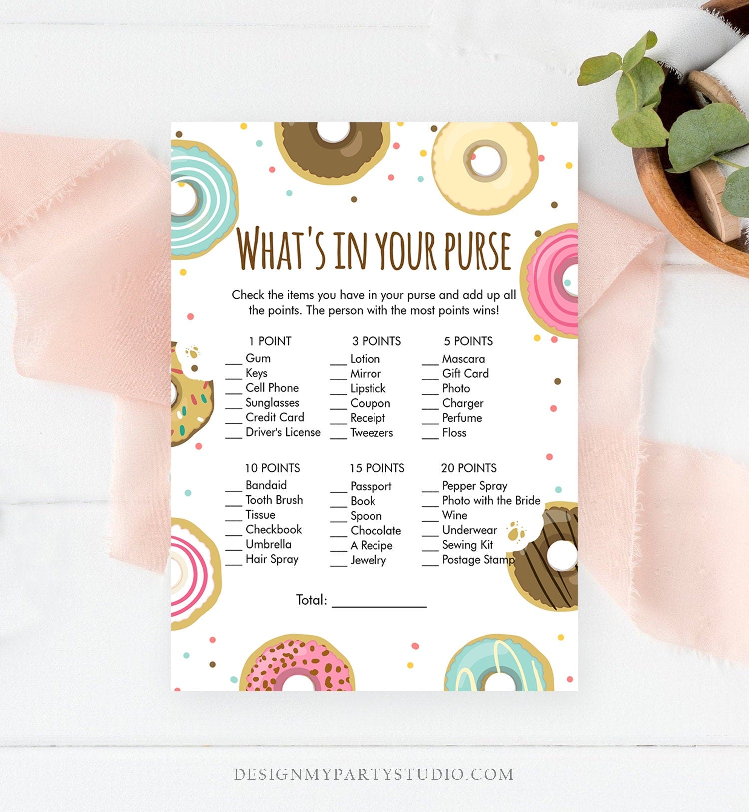 Editable Whats in Your Purse Bridal Shower Game Donut Coed Shower Doughnut Mind if I Do Wedding Activity Corjl Template Printable 0050