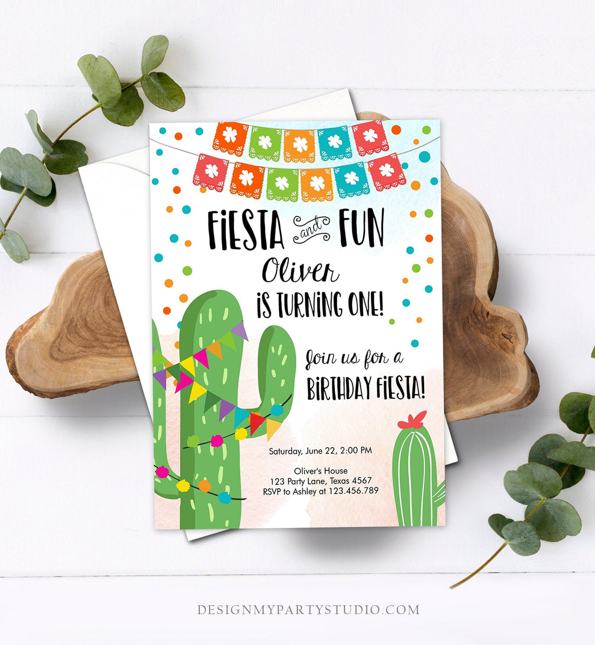 Editable Fiesta and Fun Birthday Invitation First Birthday Cactus Garland Blue Boy ANY AGE Digital Download Evite Template Printable 0135