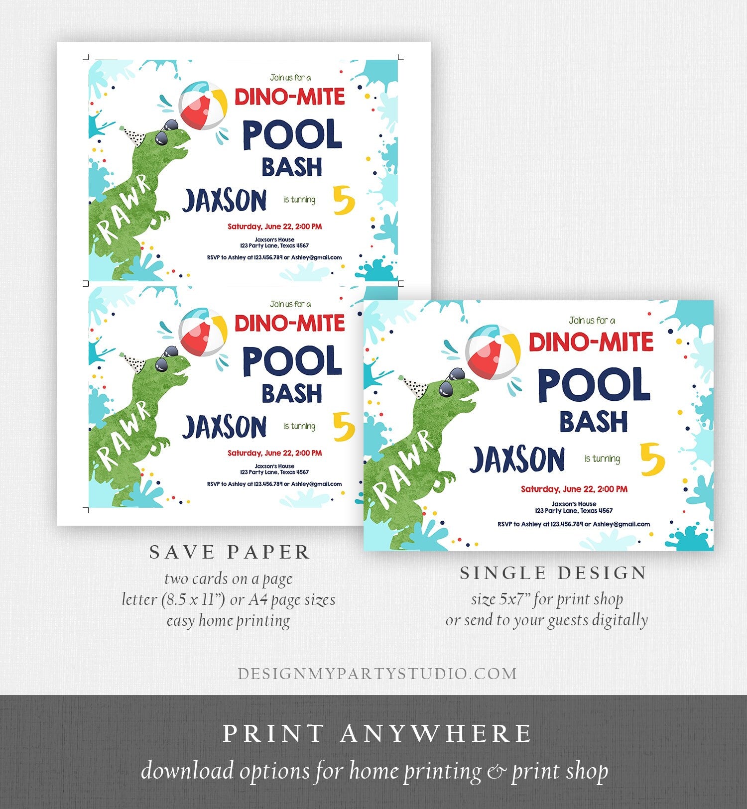 Editable Dinosaur Pool Party Birthday Invitation Dinosaur Birthday Dino T-Rex Boy Bash Download Printable Invitation Template Corjl 0305