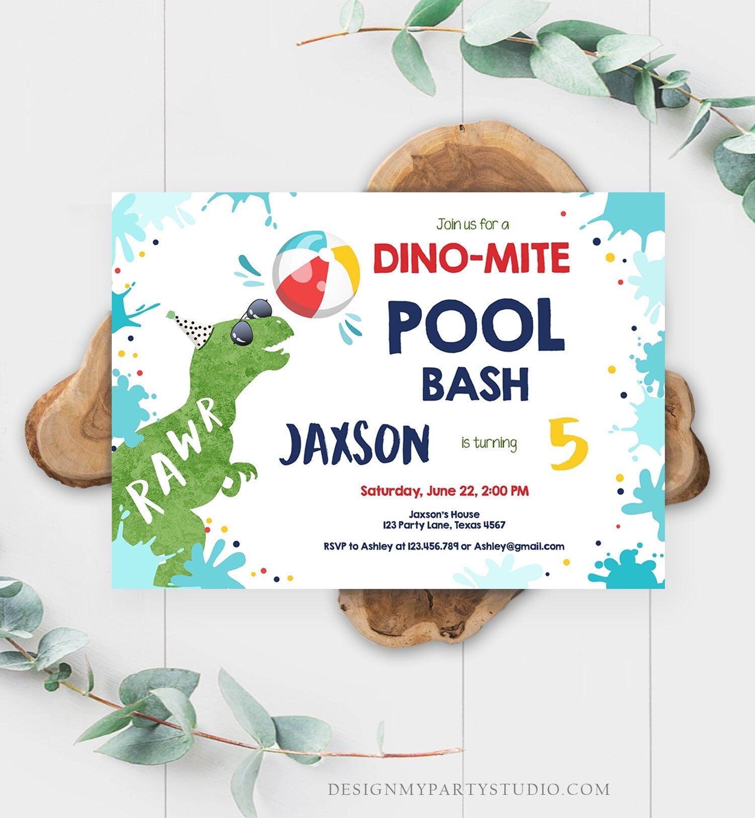 Editable Dinosaur Pool Party Birthday Invitation Dinosaur Birthday Dino T-Rex Boy Bash Download Printable Invitation Template Corjl 0305