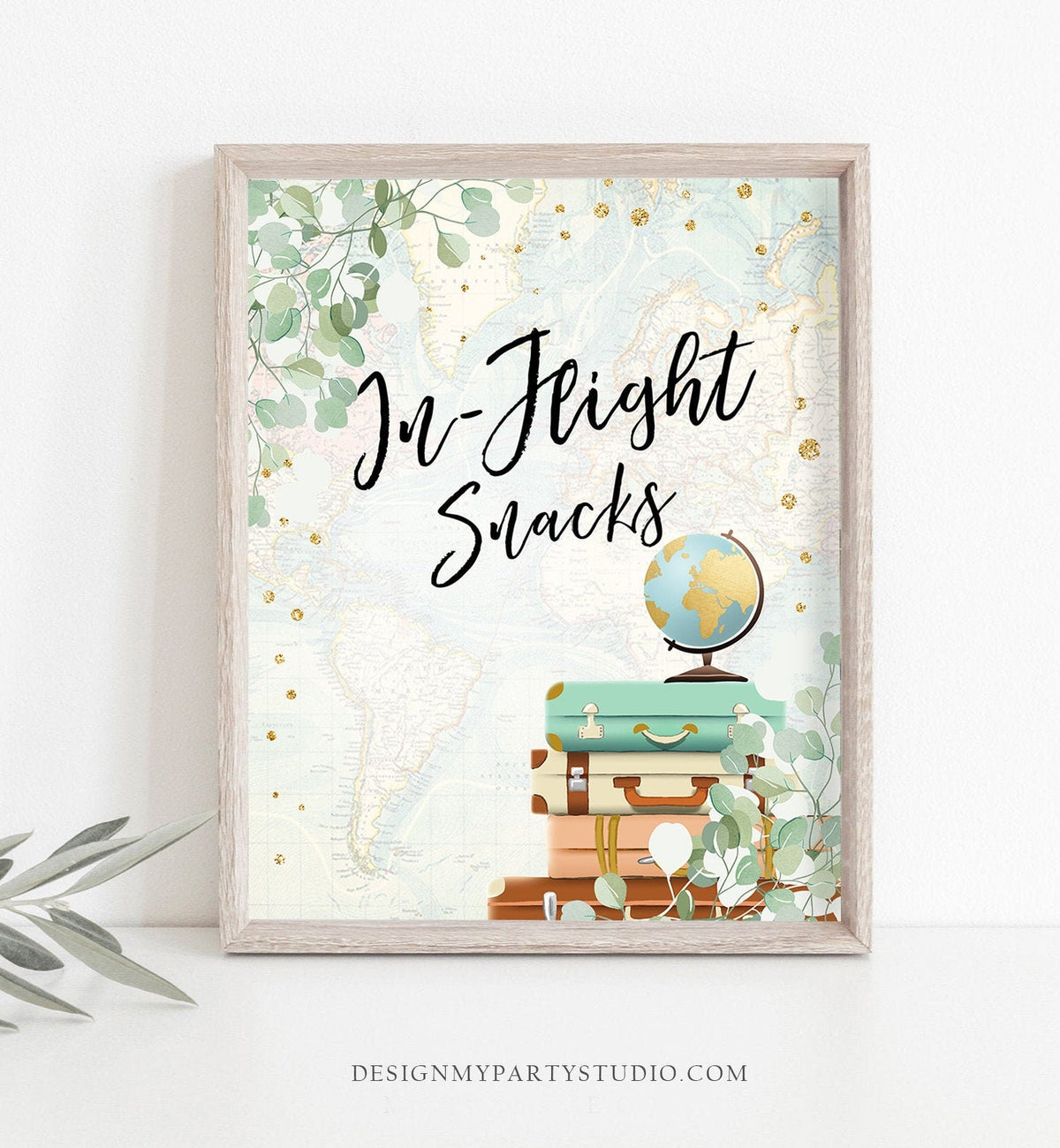 In-Flight Snacks Sign Eucalyptus Greenery Bridal Shower Wedding Birthday Globe Suitcase Traveling Instant Download Printable 0030