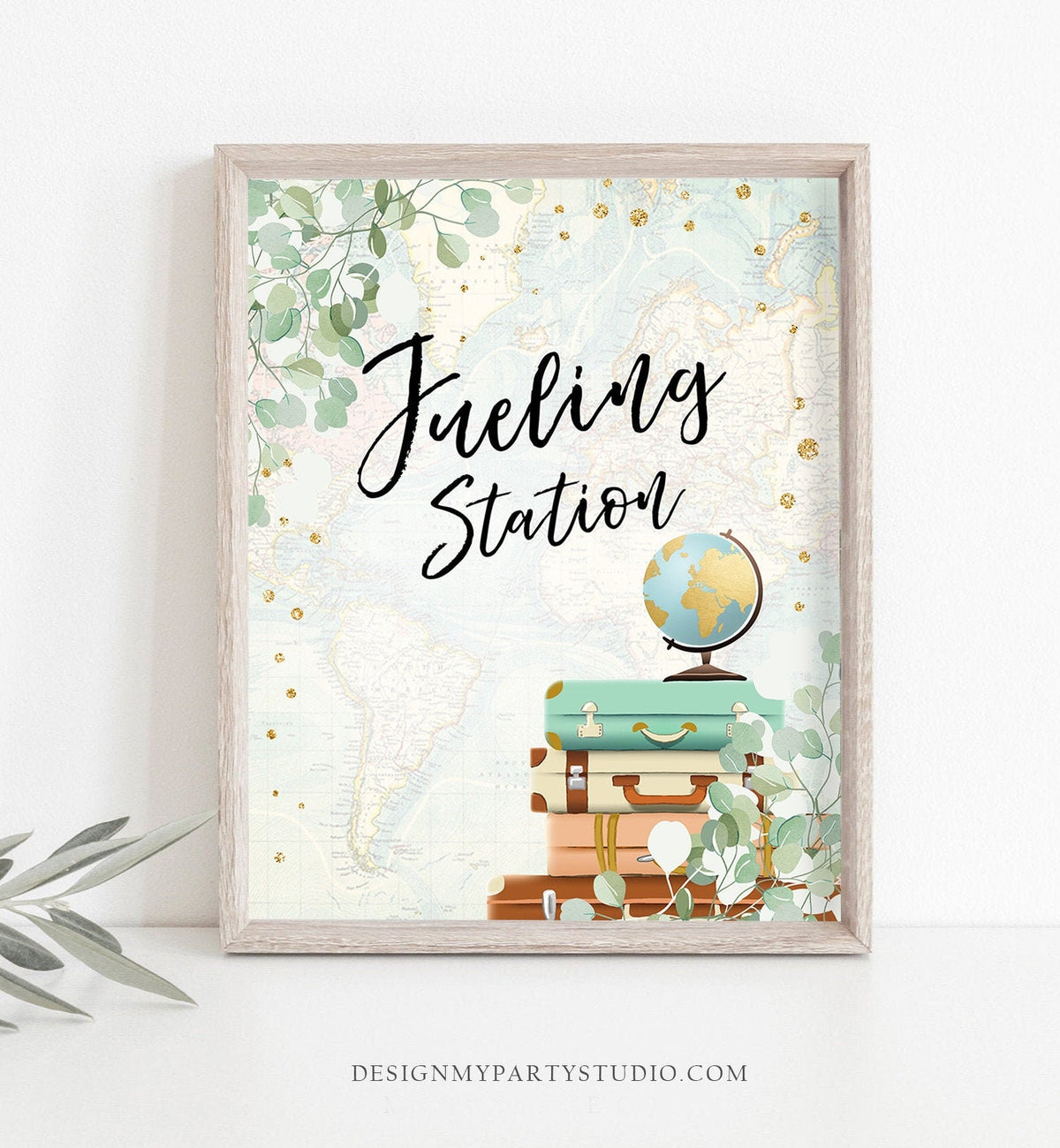 Fueling Station Sign Travel Adventure Bridal Shower Wedding Birthday Eucalyptus Globe Suitcase Greenery Instant Download Printable 0030