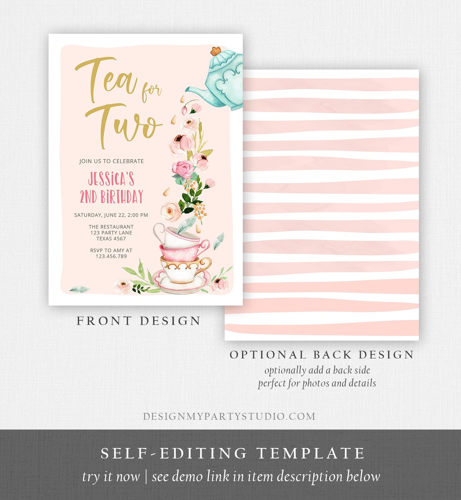 Editable Tea for Two Birthday Invitation Girl Tea Party Invite Pink Gold Floral Peach Pink Digital Download Evite Template Printable 0349