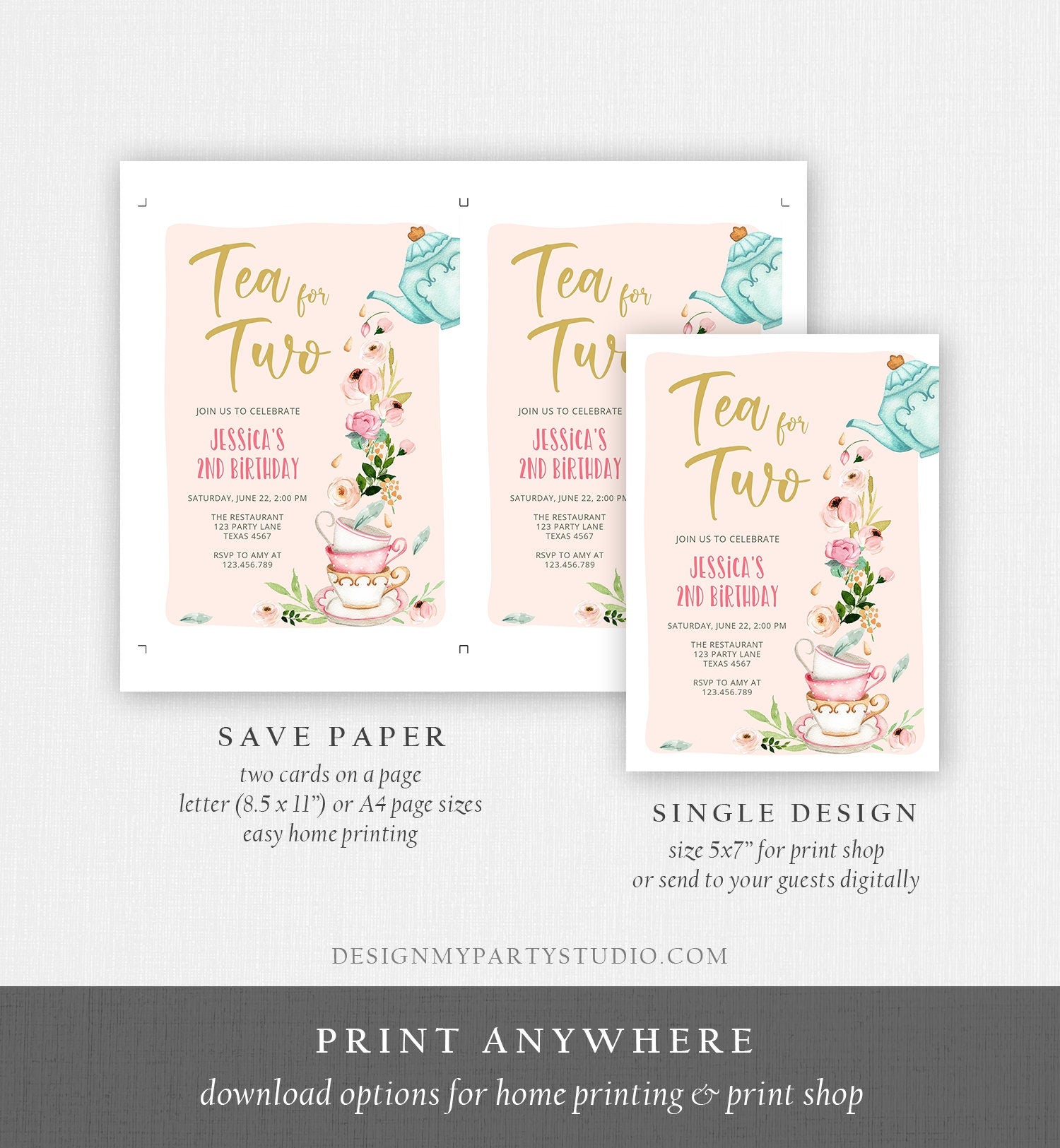 Editable Tea for Two Birthday Invitation Girl Tea Party Invite Pink Gold Floral Peach Pink Digital Download Evite Template Printable 0349