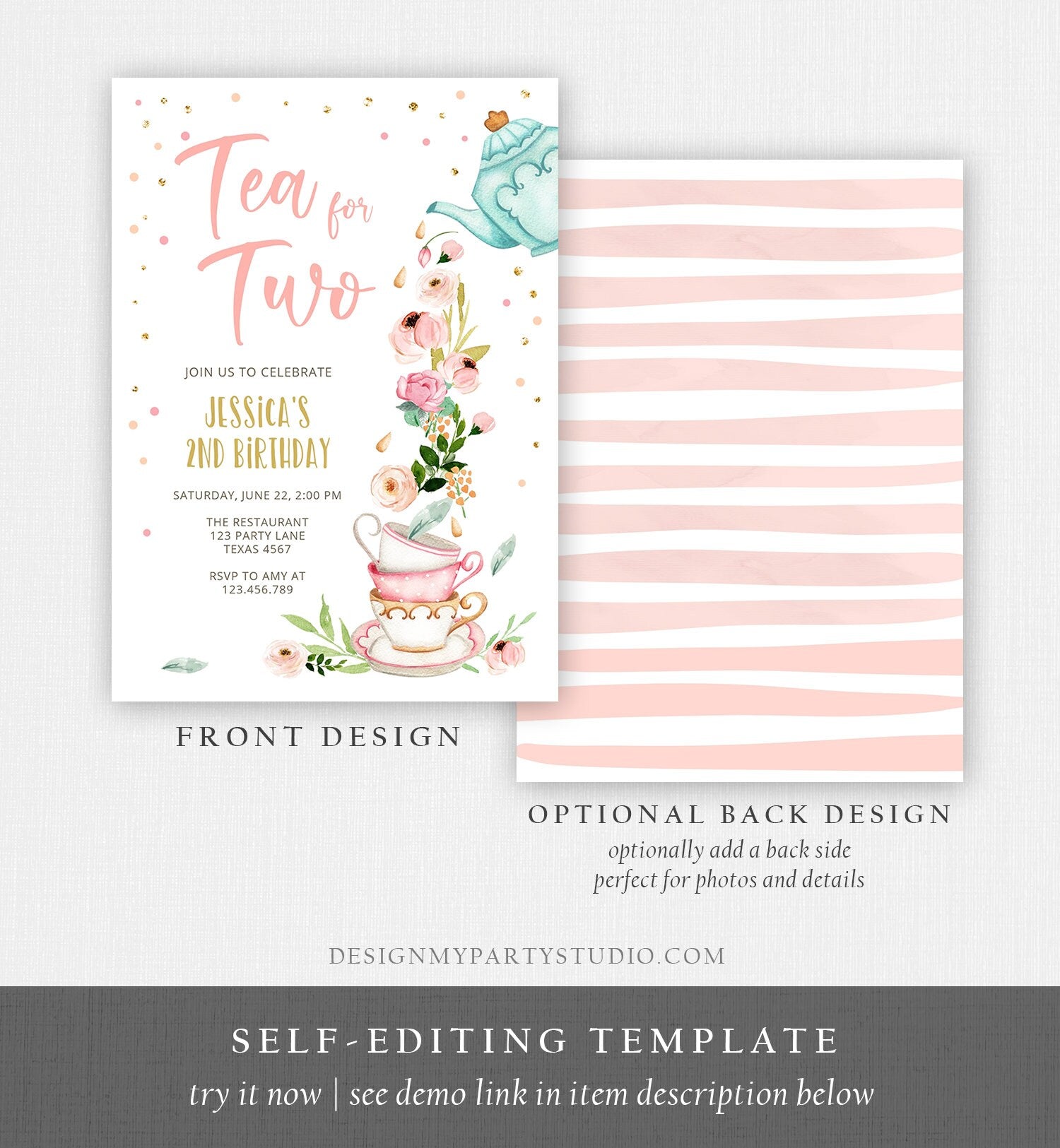 Editable Tea for Two Birthday Invitation Girl Tea Party Invite Pink Gold Floral Peach Pink Download Printable Template Corjl Digital 0349