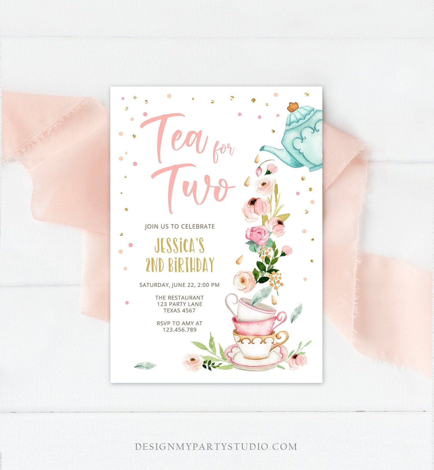 Editable Tea for Two Birthday Invitation Girl Tea Party Invite Pink Gold Floral Peach Pink Download Printable Template Corjl Digital 0349