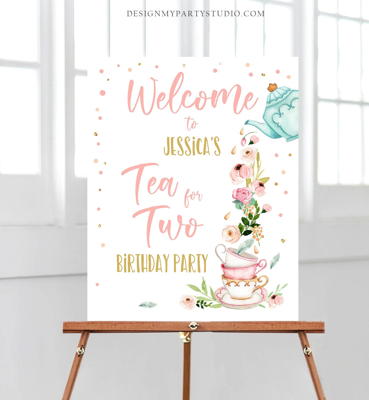 Editable Tea for Two Party Welcome Sign Tea Birthday Welcome Floral Pink Peach Girl 2nd Birthday Garden Party Template PRINTABLE Corjl 0349