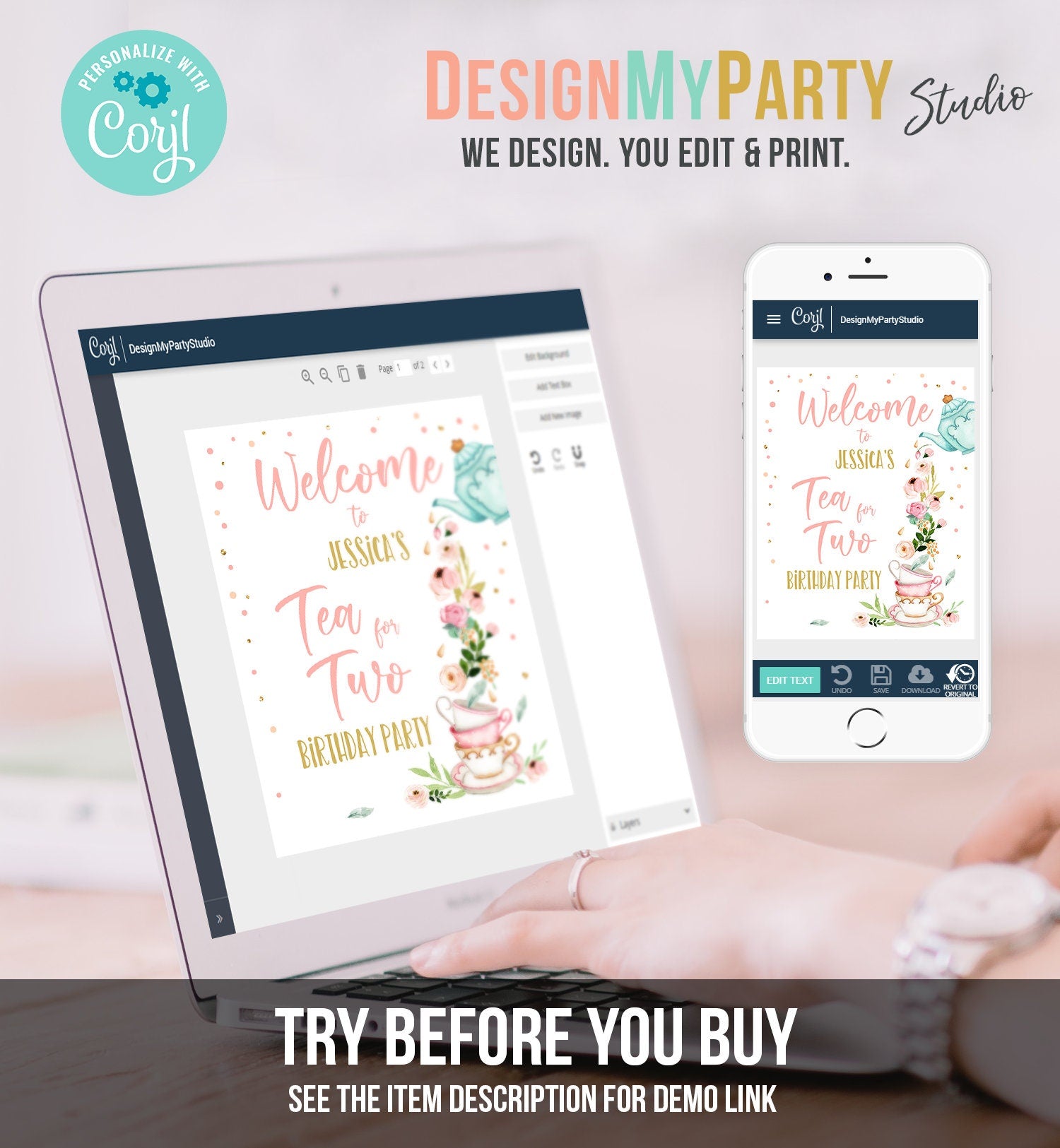 Editable Tea for Two Party Welcome Sign Tea Birthday Welcome Floral Pink Peach Girl 2nd Birthday Garden Party Template PRINTABLE Corjl 0349