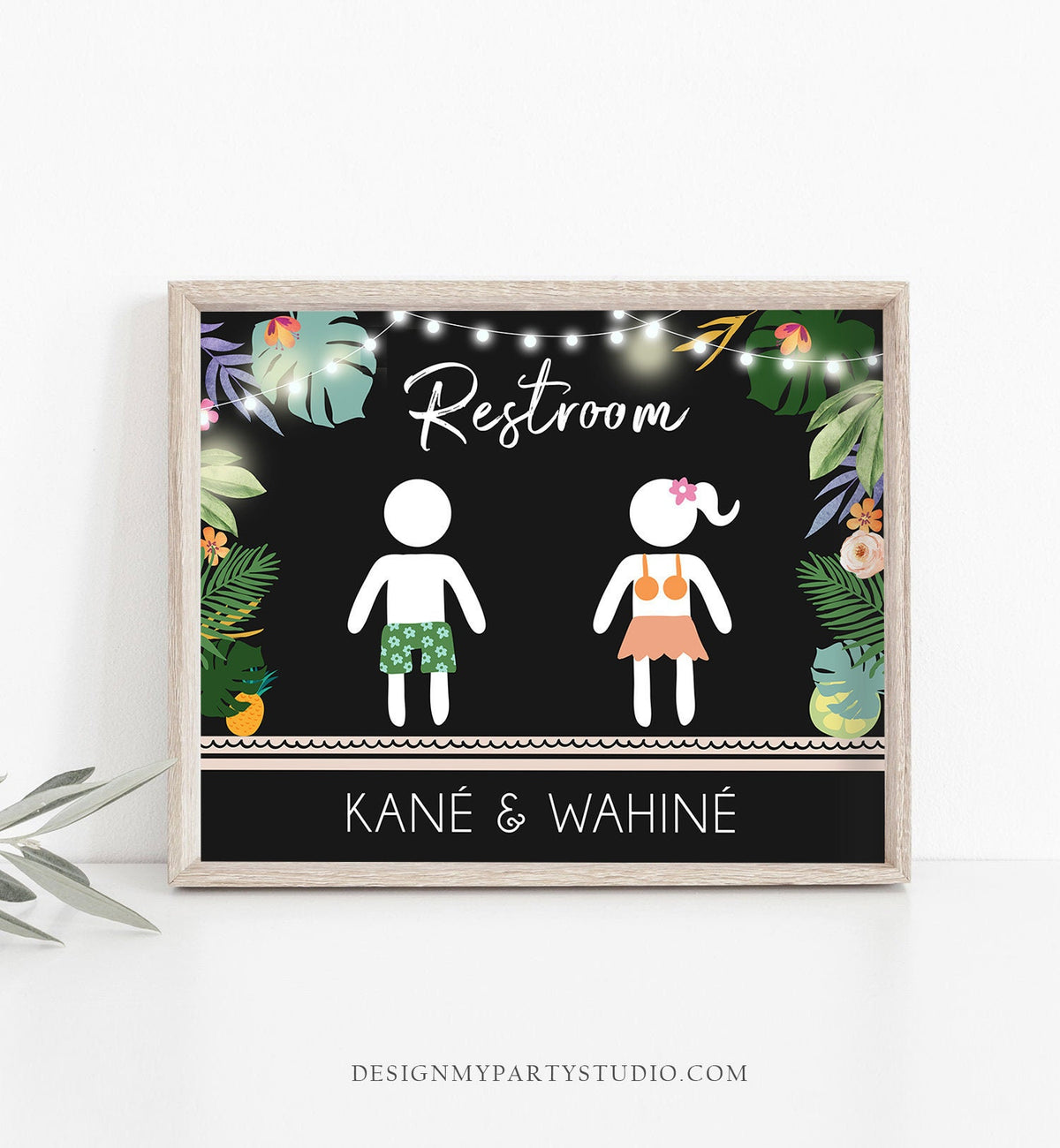 Restroom Sign Hawaiian Luau Birthday Sign Black Tropical Toilet Sign Luau Party Decor Bathroom Sign Palm Leaves Printable 0183