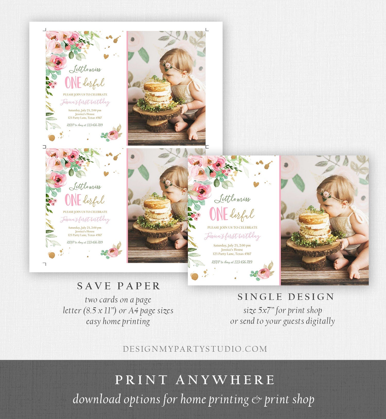 Editable Little Miss Onederful Birthday Invitation 1st Birthday Girl Blush Pink Gold Floral Download Printable Template Corjl Digital 0147