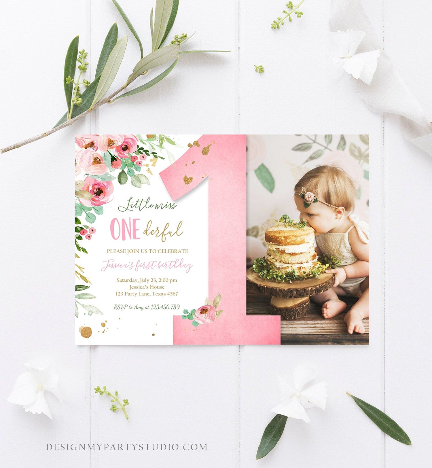 Editable Little Miss Onederful Birthday Invitation 1st Birthday Girl Blush Pink Gold Floral Download Printable Template Corjl Digital 0147