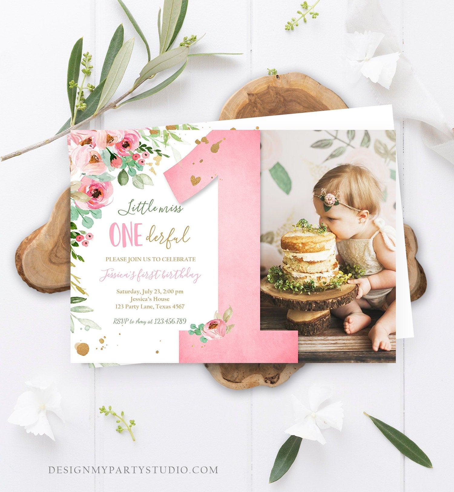 Editable Little Miss Onederful Birthday Invitation 1st Birthday Girl Blush Pink Gold Floral Download Printable Template Corjl Digital 0147