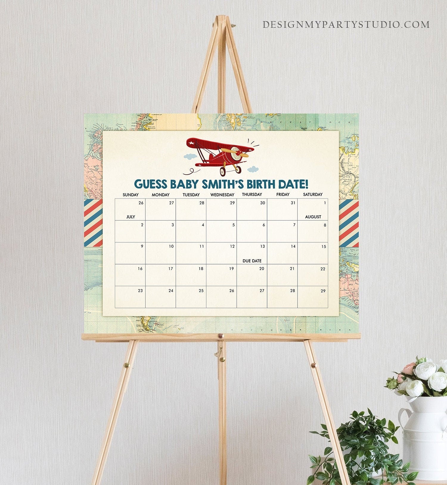 Editable Guess the Birth Date Baby Shower Game Guess Birthday Vintage Airplane Red Travel Adventure Shower Corjl Template Printable 0011