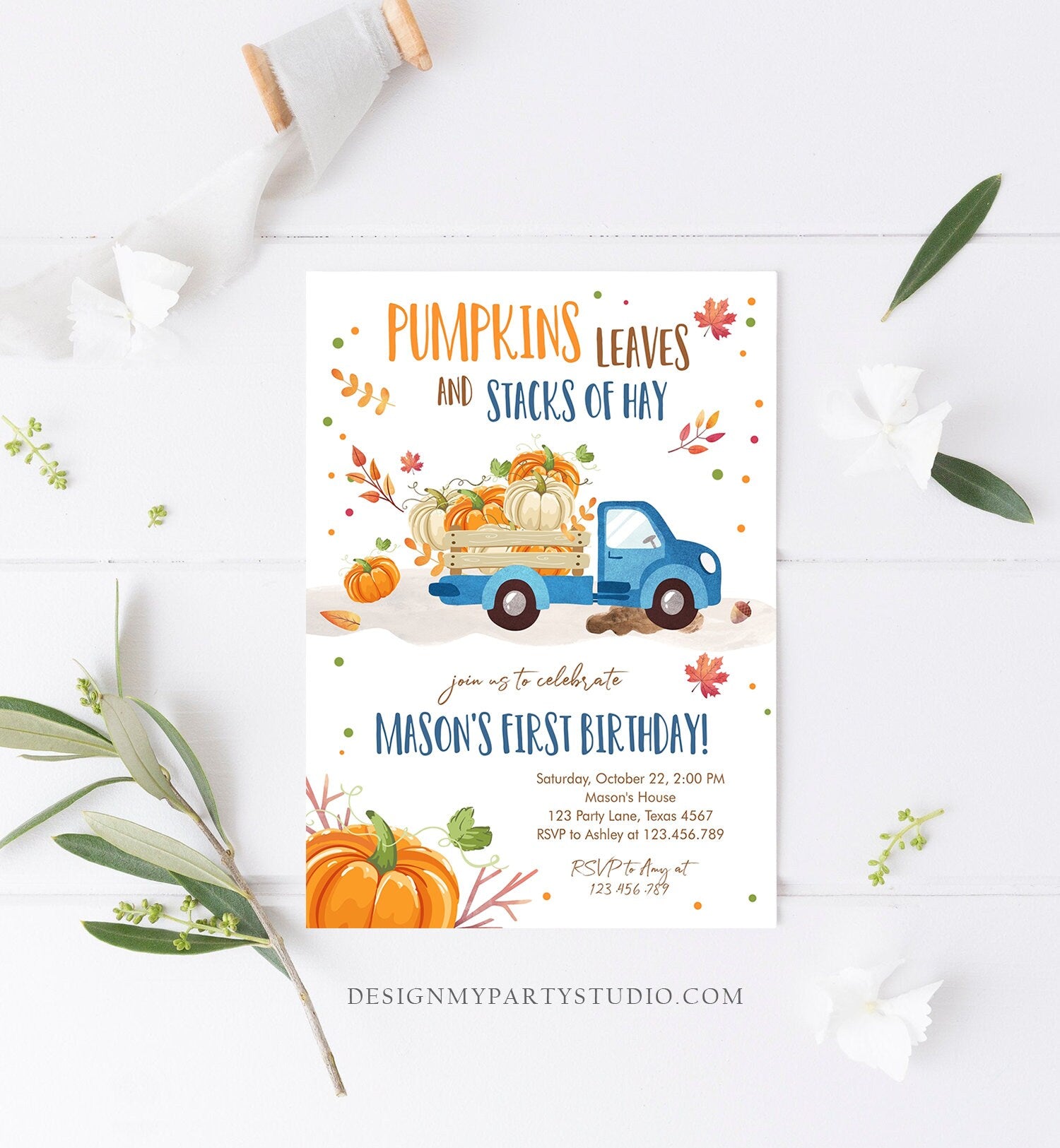 Editable Pumpkin Birthday Invitation Boy Fall Boy Pumpkin Truck Birthday Party Blue Orange Download Printable Invitation Corjl Template 0153