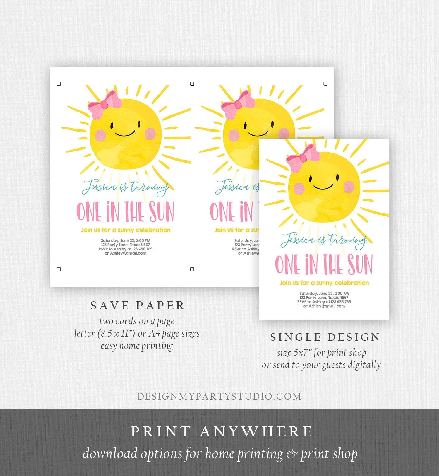 Editable One in the Sun Sunshine Birthday Invitation Summer Sunshine Party First Birthday Party Pink Girl Bow Download Corjl Template 0141