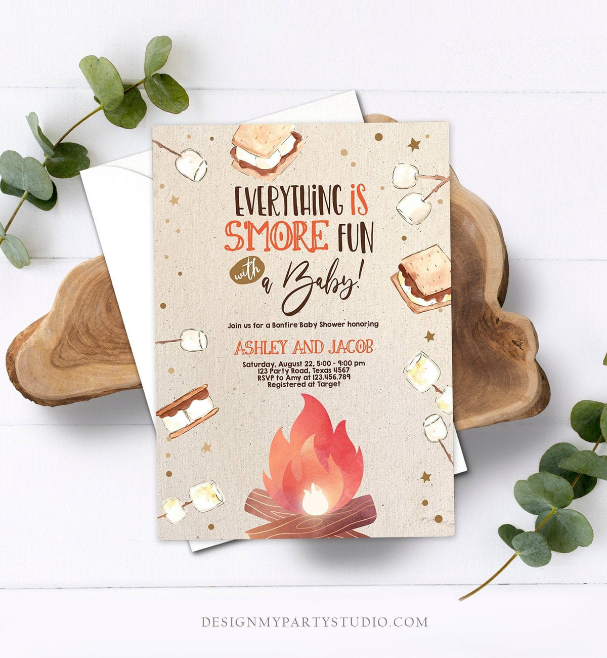 Editable S&#39;more Baby Shower Invitation Bonfire Baby Shower Autumn Couples Shower Invite Fall Smores Neutral Printable Template Corjl 0179