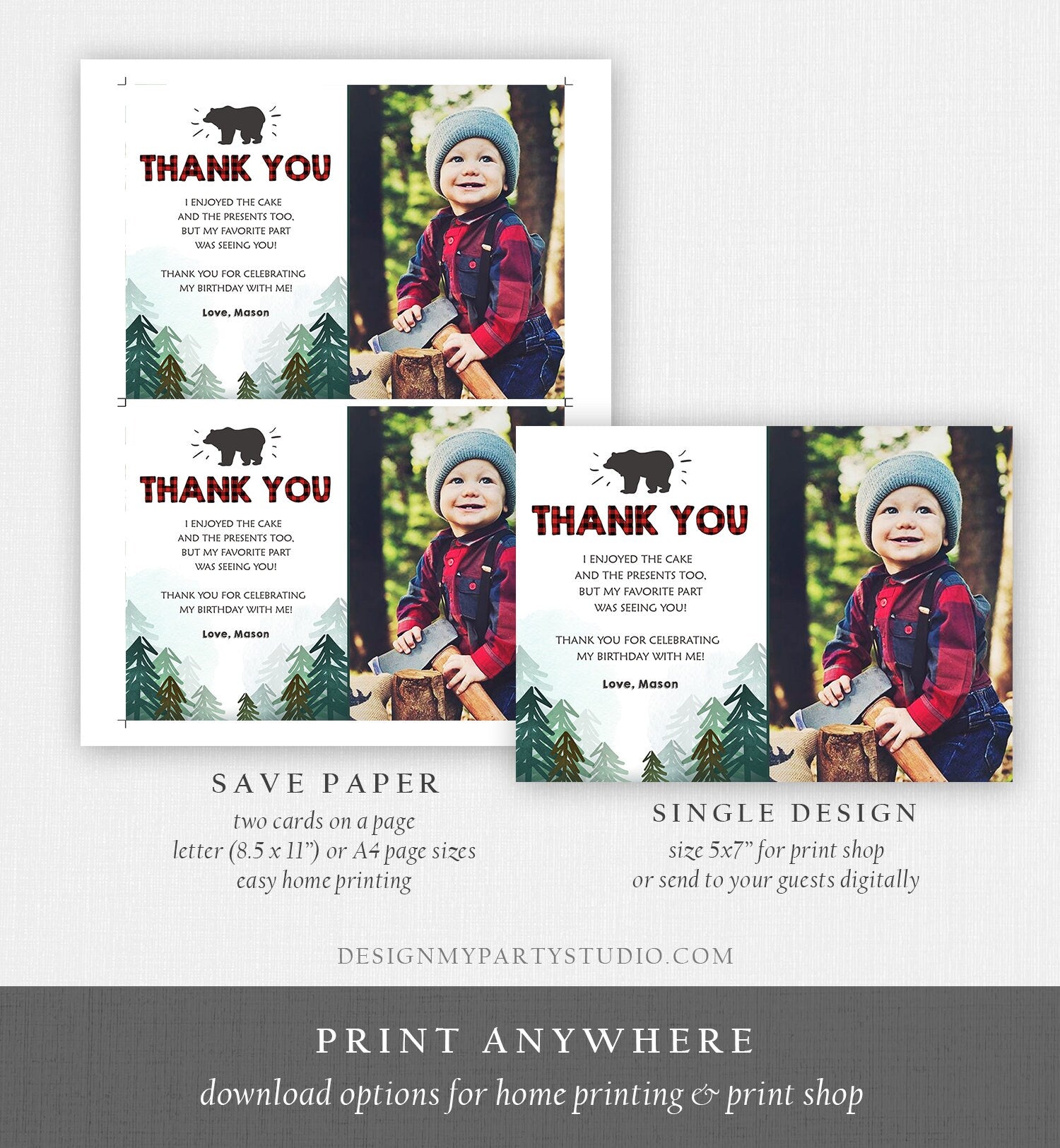 Editable Lumberjack Thank You Card Birthday Rustic Wild One Birthday Bear Forest Buffalo Plaid Trees Download Printable Template Corjl 0377