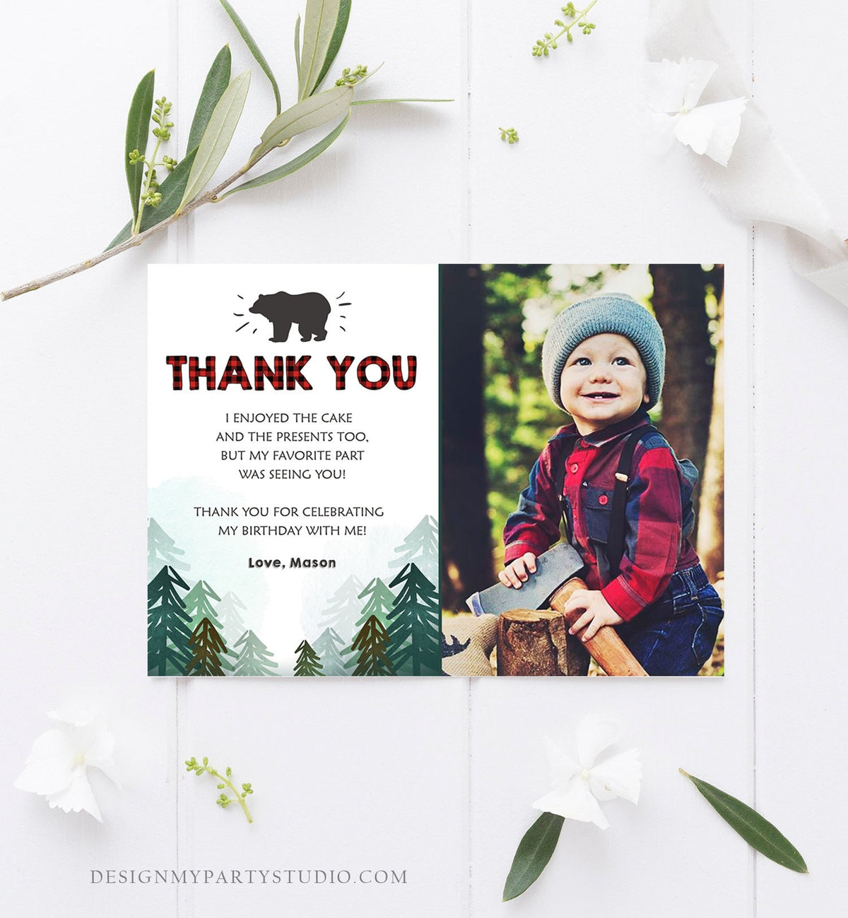 Editable Lumberjack Thank You Card Birthday Rustic Wild One Birthday Bear Forest Buffalo Plaid Trees Download Printable Template Corjl 0377