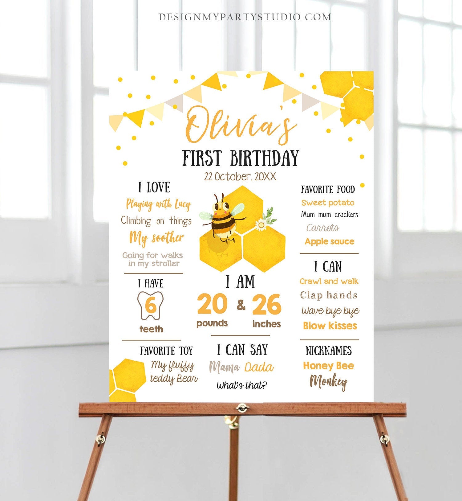 Editable Birthday Milestones Sign Bee First Birthday Honey Bee Decor Bumble Bee Summer Neutral Girl Download Template Printable Corjl 0317