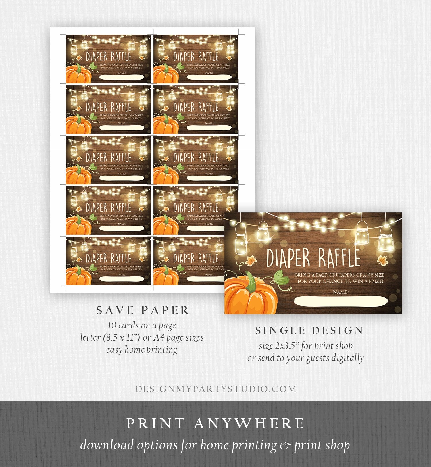 Editable Little Pumpkin Diaper Raffle Ticket Baby Shower Insert Card Gender Neutral Wood Lights Autumn Rustic Corjl Template Printable 0015