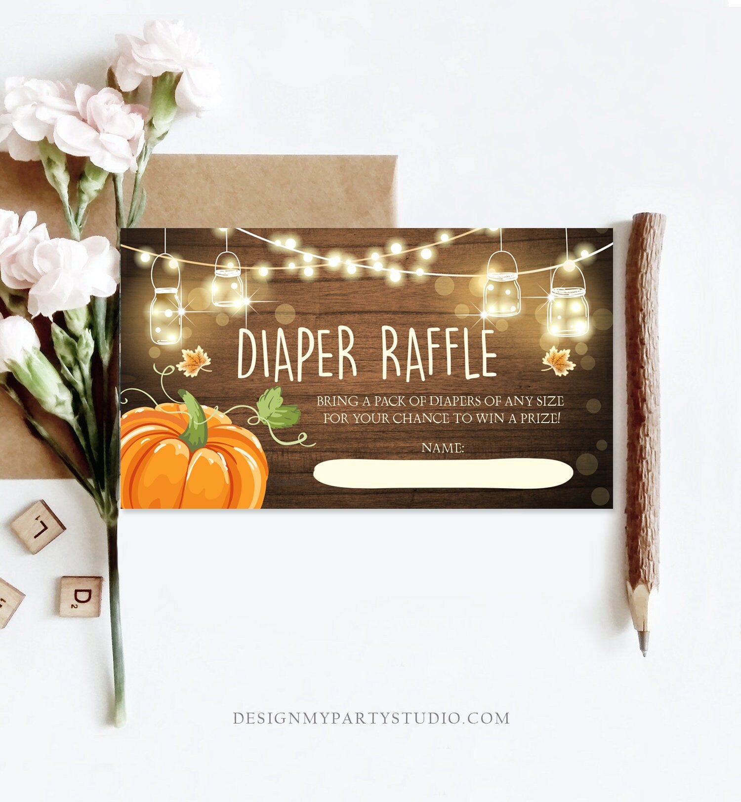 Editable Little Pumpkin Diaper Raffle Ticket Baby Shower Insert Card Gender Neutral Wood Lights Autumn Rustic Corjl Template Printable 0015