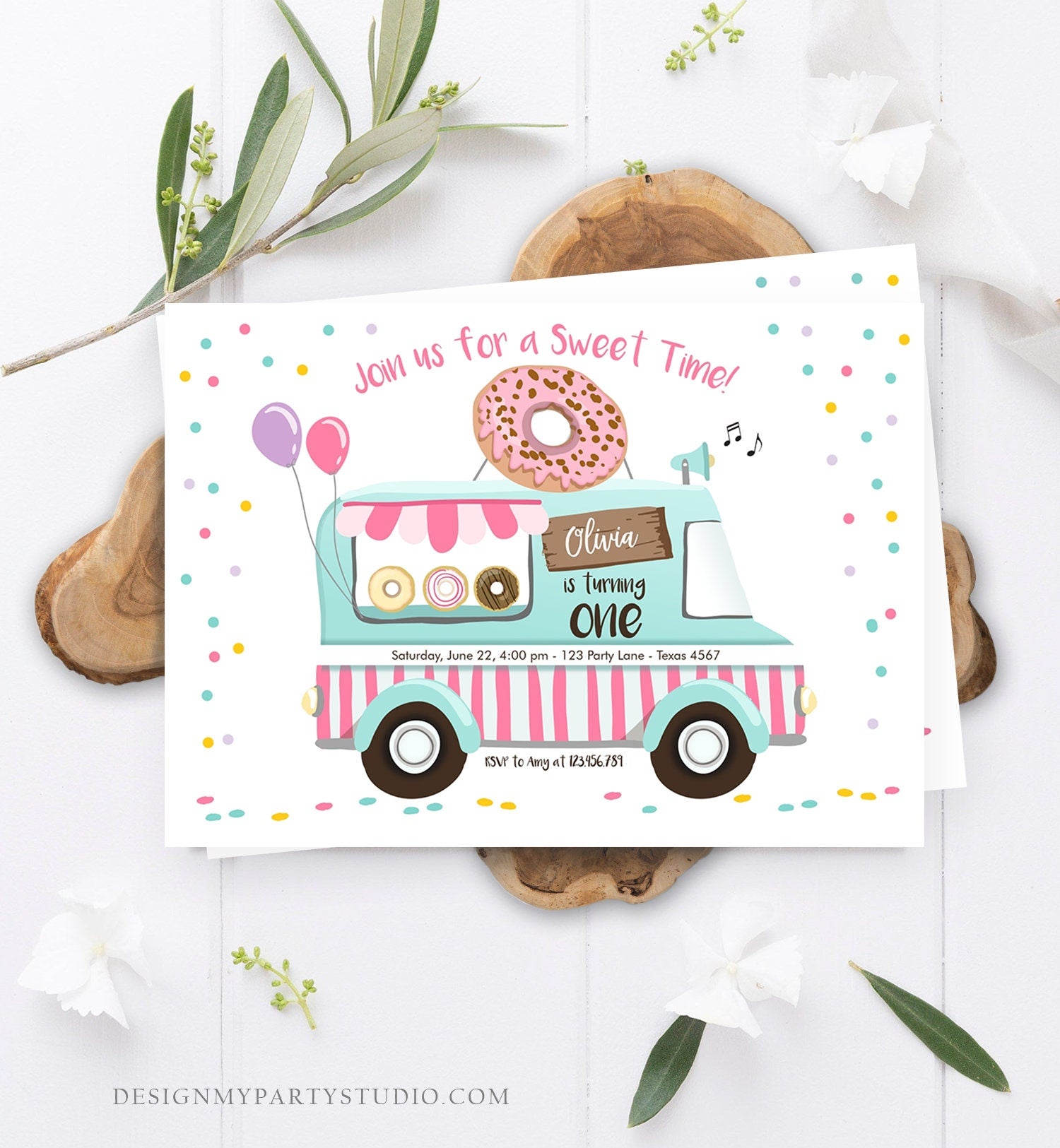 Editable Donut Truck Birthday Invitation Donut Birthday Party Pink Mint Purple Any Age Donut Sweet Party Printable Template Corjl 0050