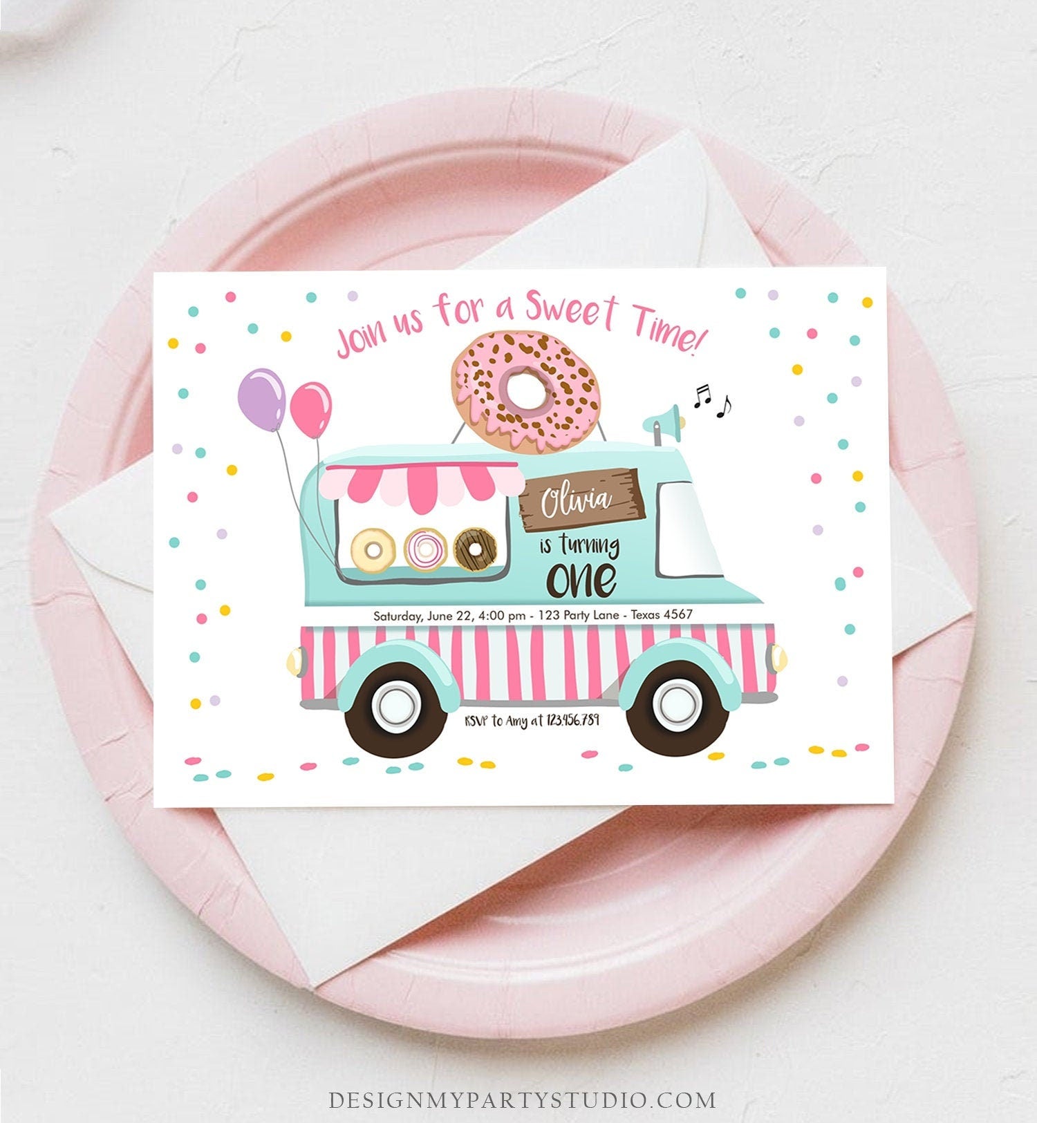 Editable Donut Truck Birthday Invitation Donut Birthday Party Pink Mint Purple Any Age Donut Sweet Party Printable Template Corjl 0050