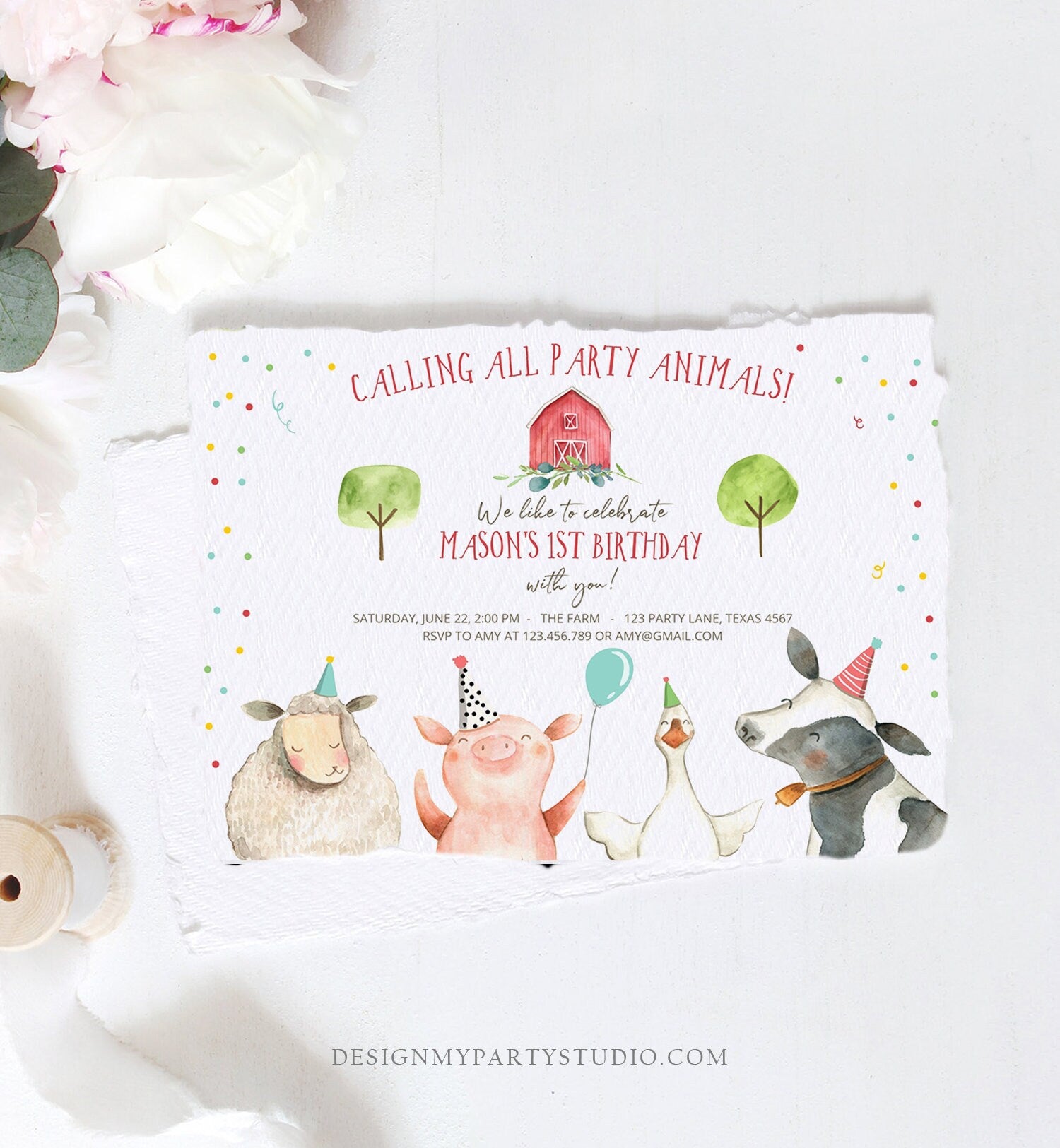 Editable Farm Birthday Invitation Boy Farm Animals Boy Barnyard Birthday Party Animals Printable Invitation Template Digital Evite 0155