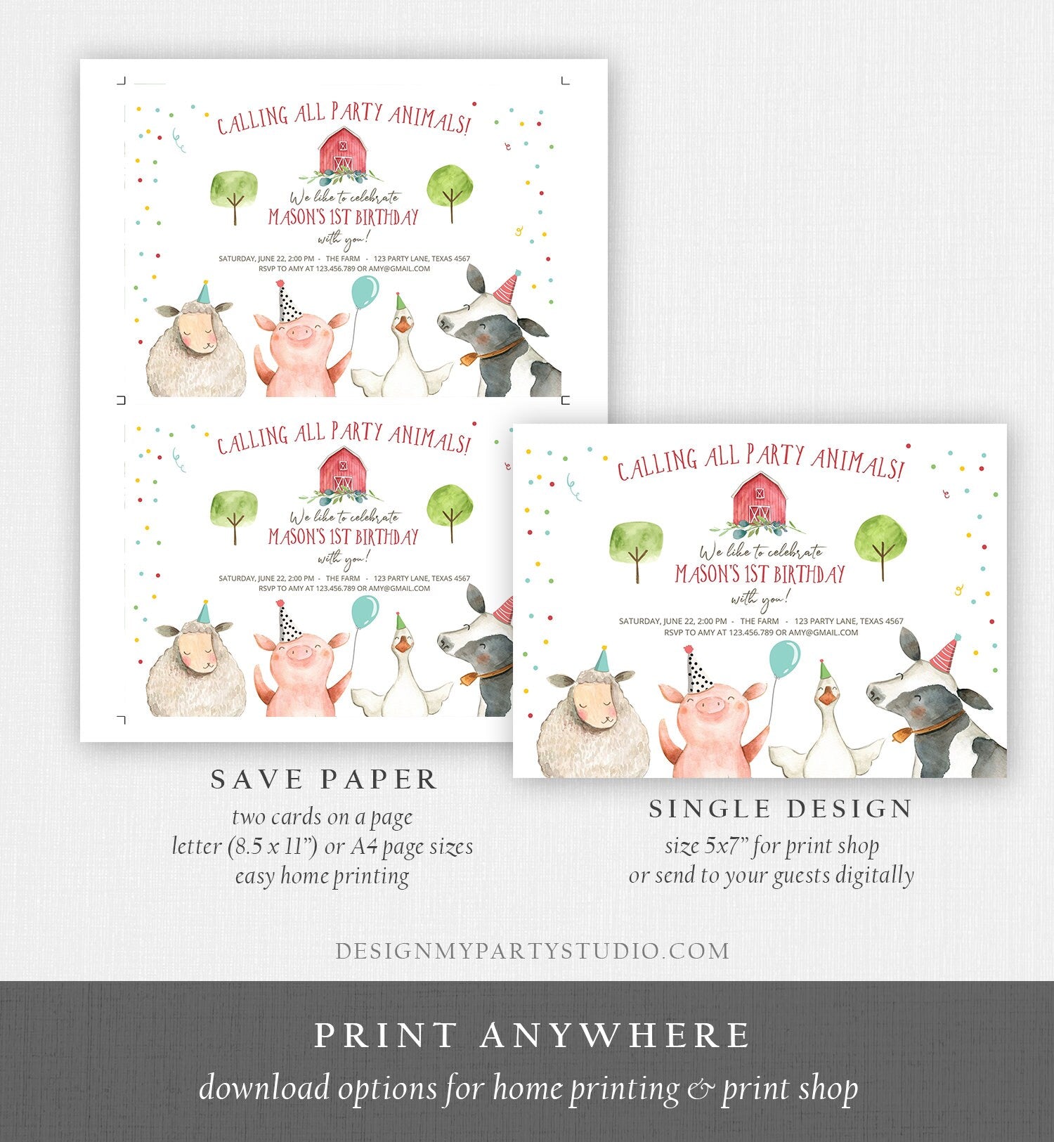 Editable Farm Birthday Invitation Boy Farm Animals Boy Barnyard Birthday Party Animals Printable Invitation Template Digital Evite 0155