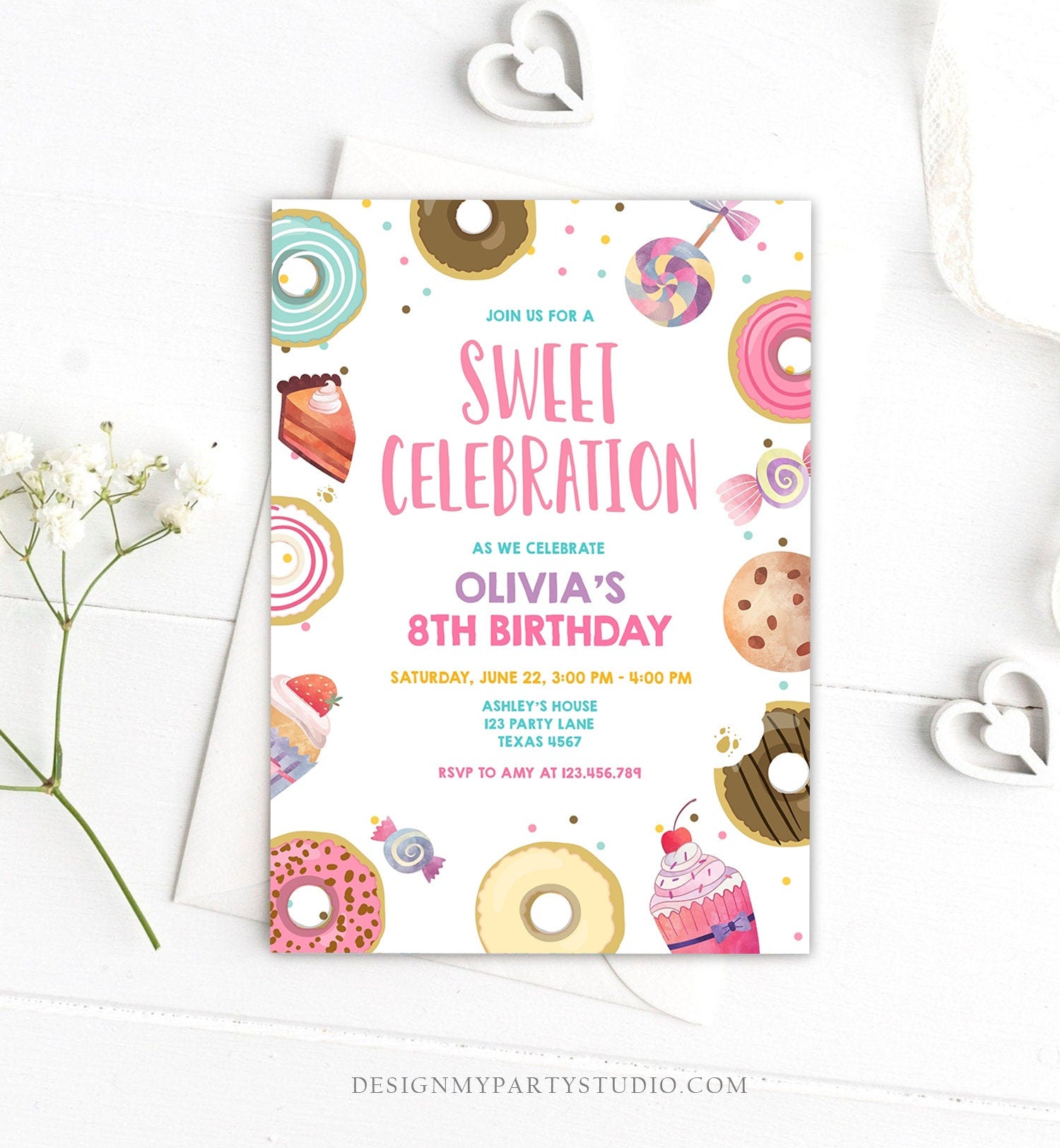 Editable Sweet Celebration Invitation Candy Birthday Invite Sweet Shoppe Donuts Girl Sweets Candy Download Evite Template Printable 0339