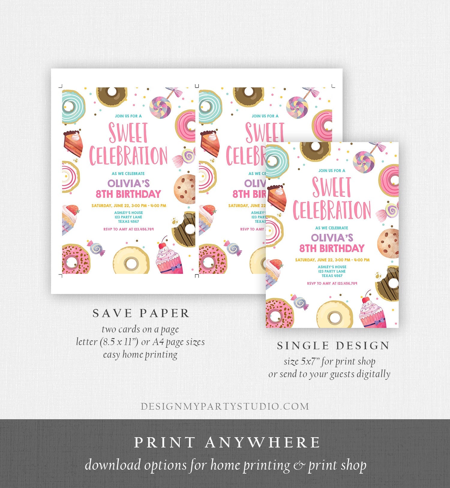 Editable Sweet Celebration Invitation Candy Birthday Invite Sweet Shoppe Donuts Girl Sweets Candy Download Evite Template Printable 0339