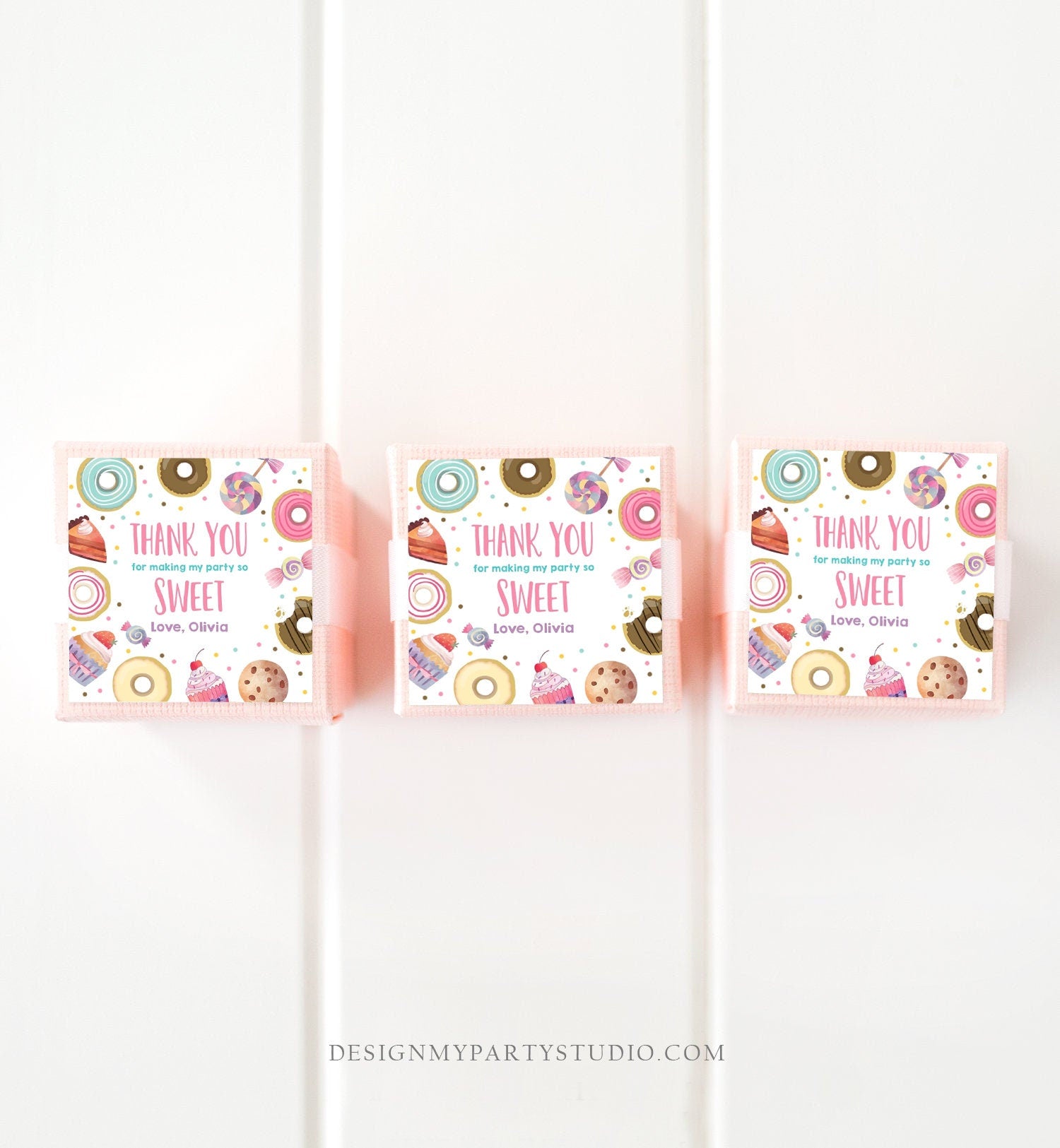 Editable Sweet Celebration Thank You Tags Sweet Shoppe Candy Sweets Gift Favor Girl Pink Donuts Round Square Sticker Corjl Template 0339