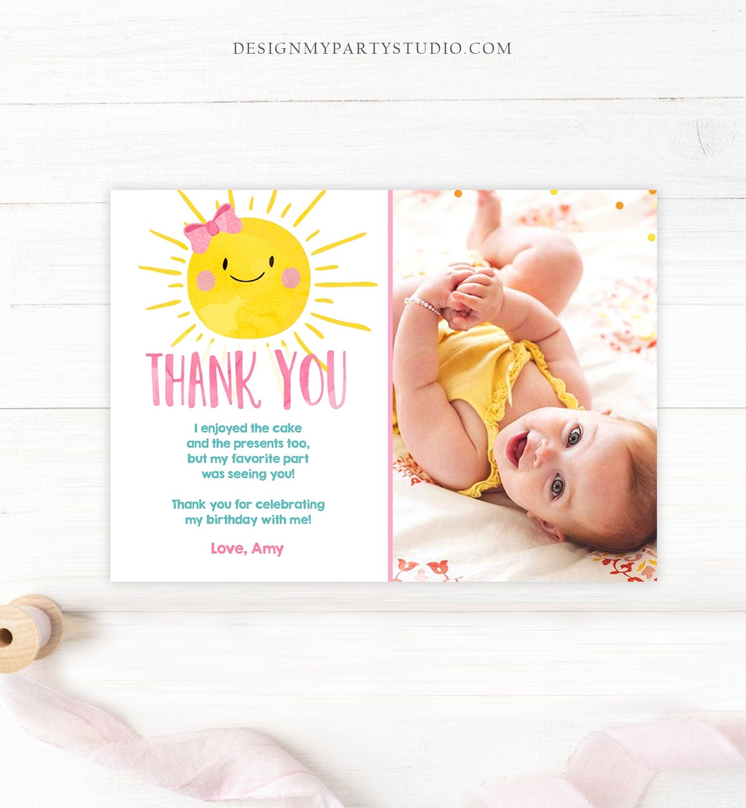 Editable Little Sunshine Thank You Card Birthday Party Pink Girl Bow Baby Shower First Birthday 1st Digital Corjl Template Printable 0141