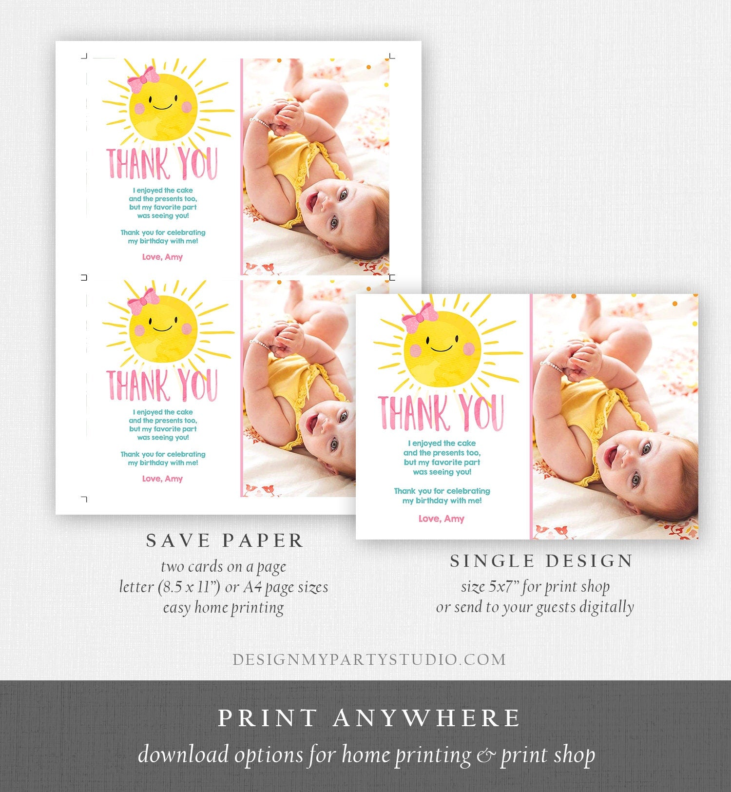 Editable Little Sunshine Thank You Card Birthday Party Pink Girl Bow Baby Shower First Birthday 1st Digital Corjl Template Printable 0141