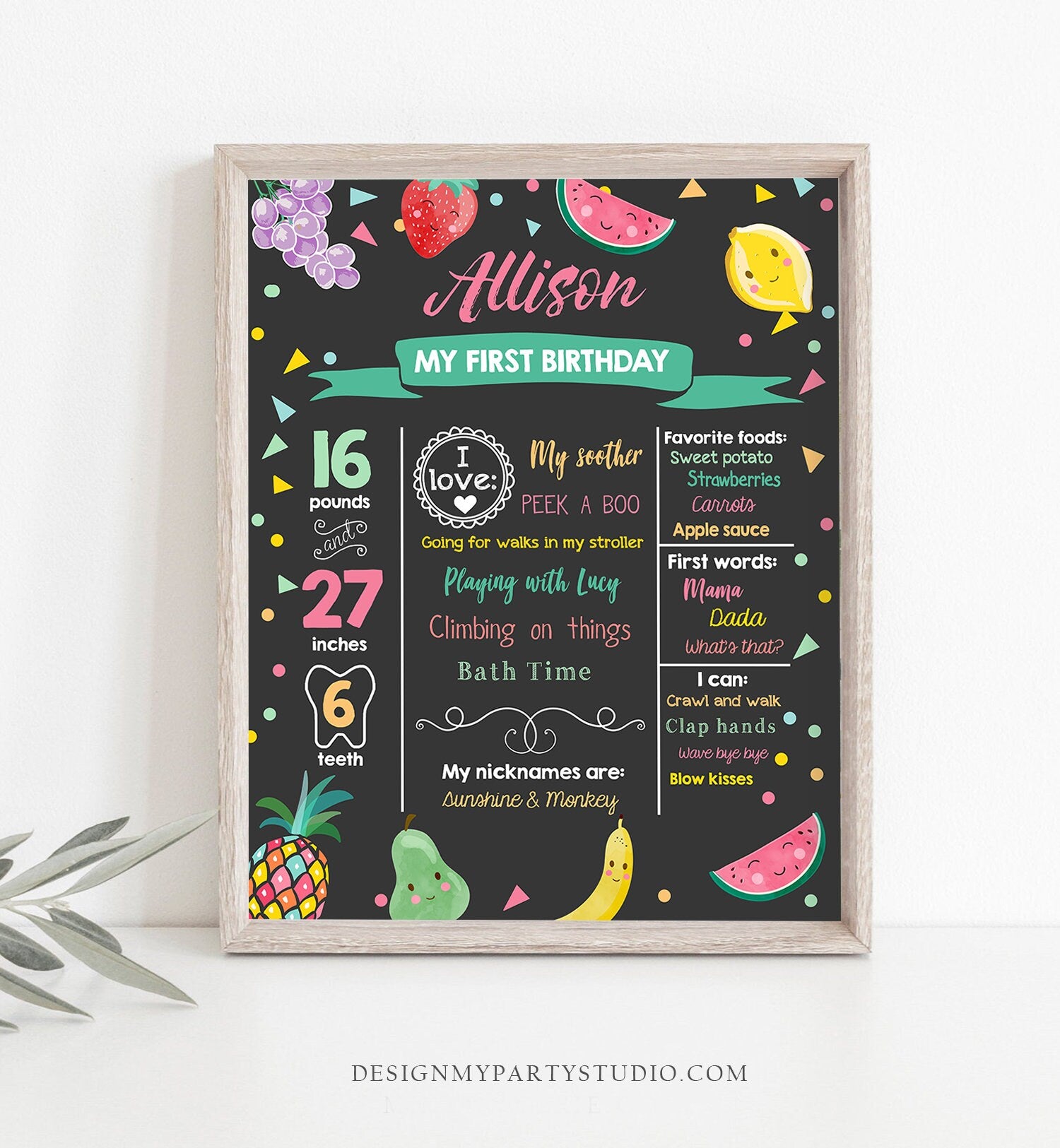 Editable Fruit Birthday Milestones Sign Girl Pink Twotti Frutti Tropical Summer Fruit Frutti Digital Download Printable Template Corjl 0139