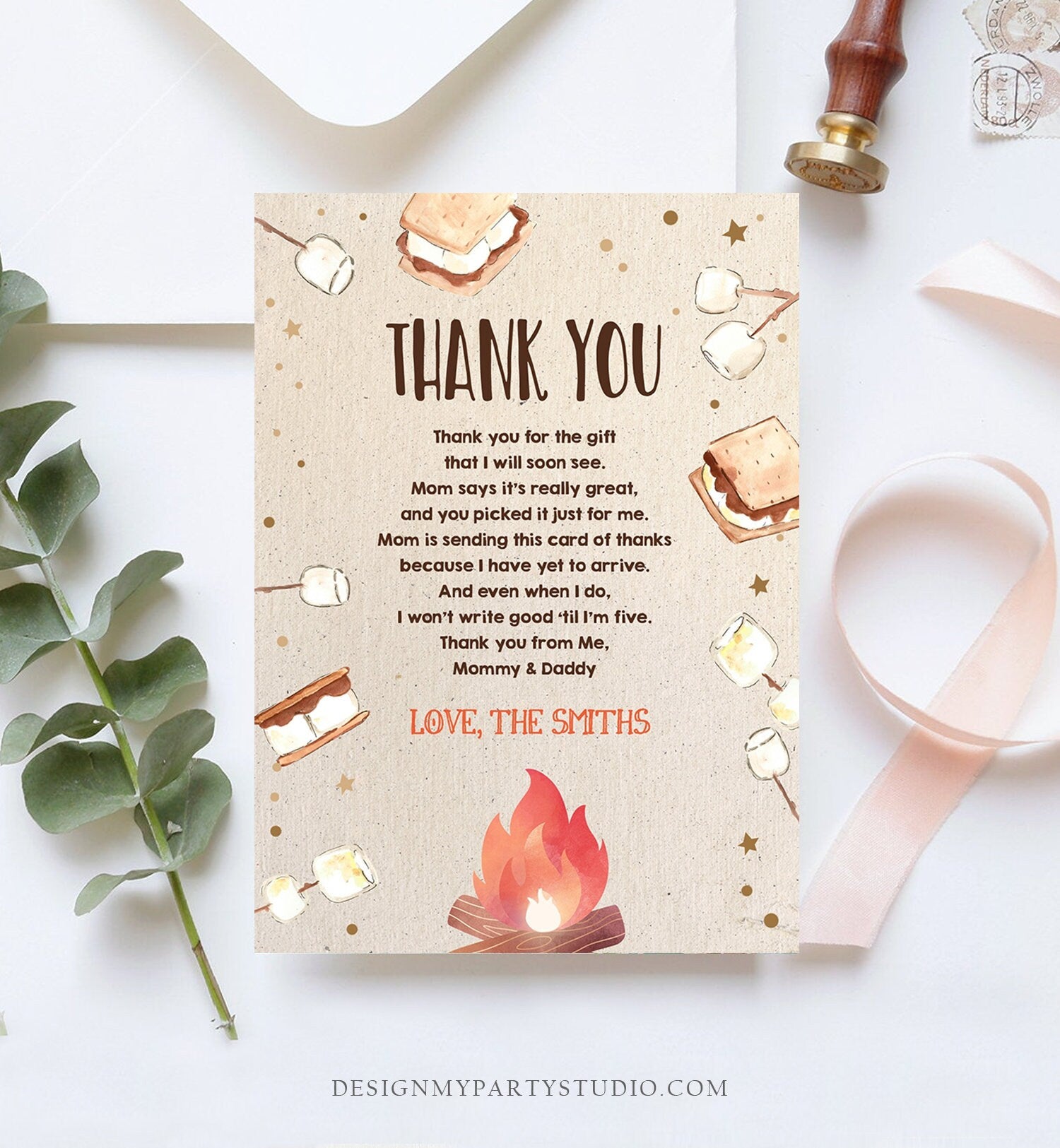 Editable Baby shower Thank you Card S'more fun Smores Thank You Rustic Gender Neutral Fall Autumn Template Instant Download Corjl 0179