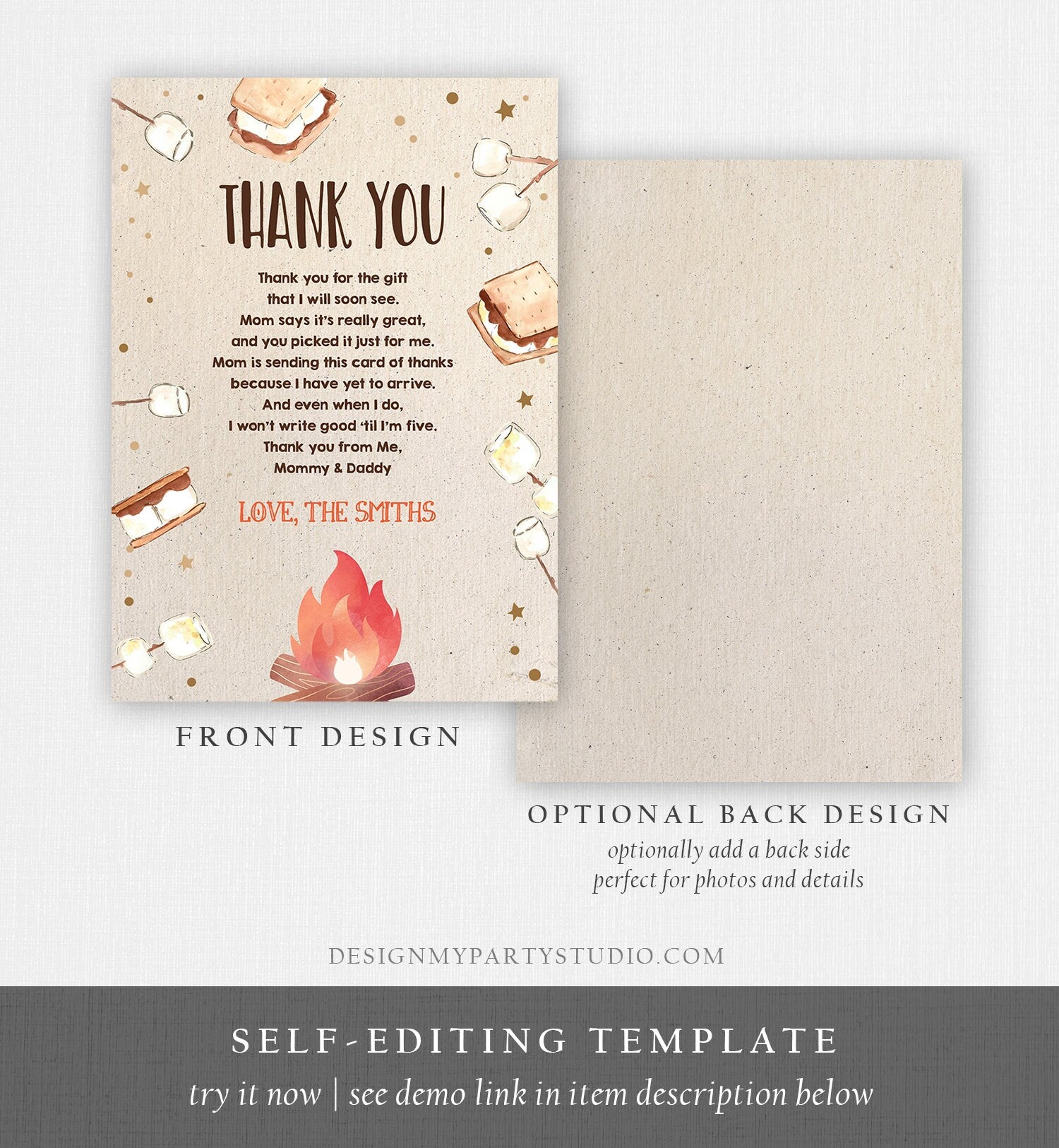 Editable Baby shower Thank you Card S'more fun Smores Thank You Rustic Gender Neutral Fall Autumn Template Instant Download Corjl 0179