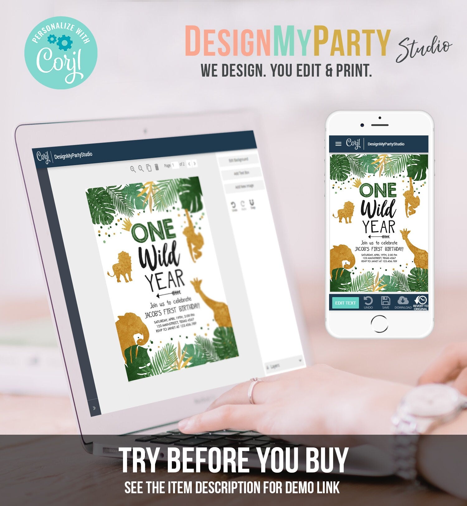 Editable Wild One Birthday Invite Safari Animals Jungle One Wild Year Black Gold First Birthday 1st Download Printable Corjl Template 0016