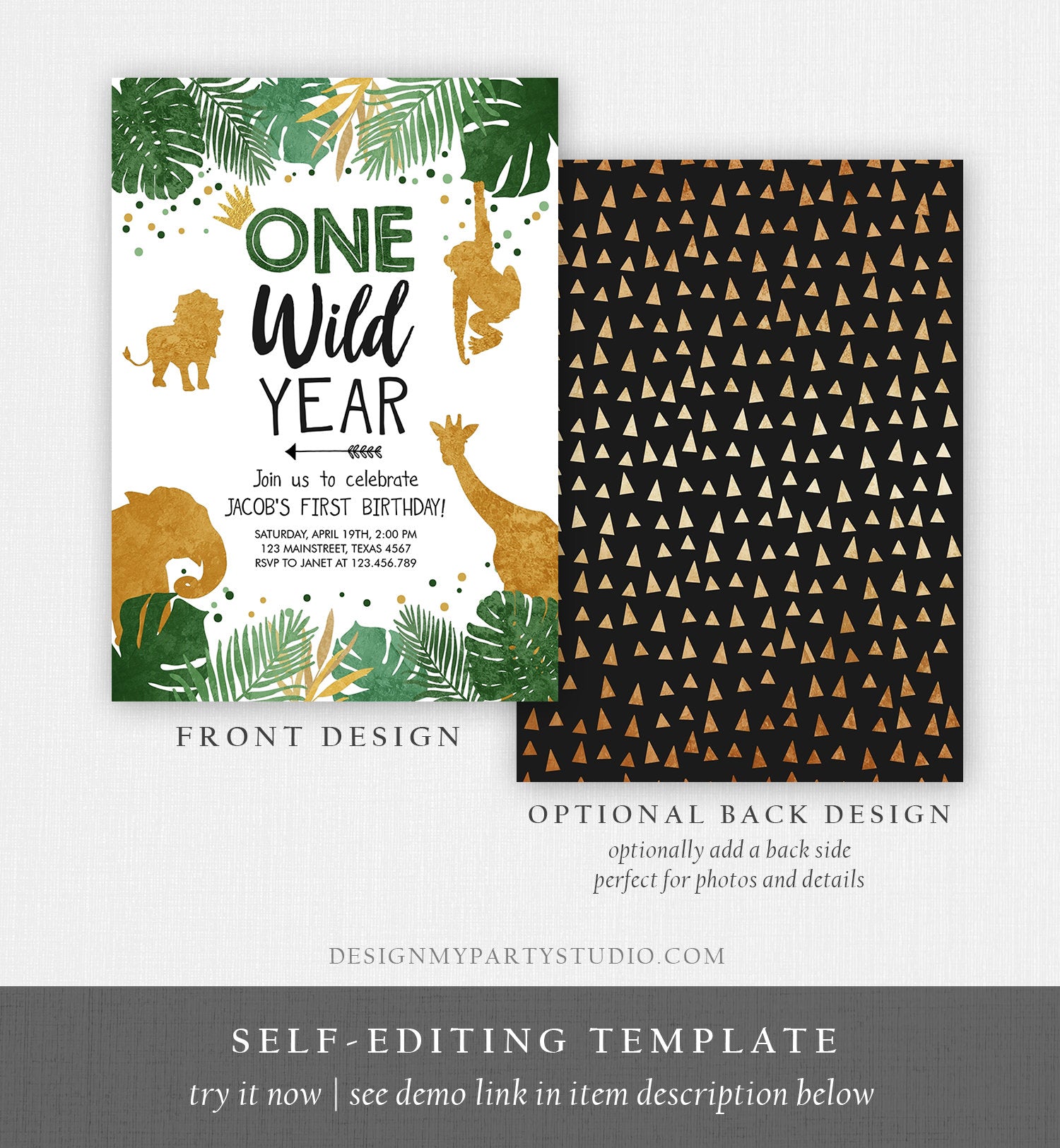 Editable Wild One Birthday Invite Safari Animals Jungle One Wild Year Black Gold First Birthday 1st Download Printable Corjl Template 0016