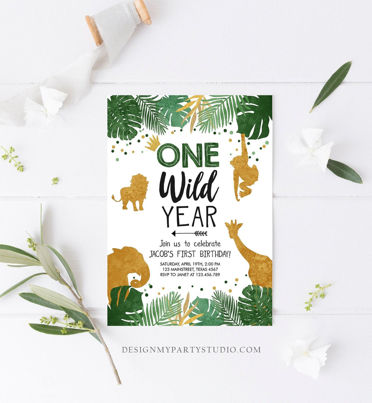 Editable Wild One Birthday Invite Safari Animals Jungle One Wild Year Black Gold First Birthday 1st Download Printable Corjl Template 0016