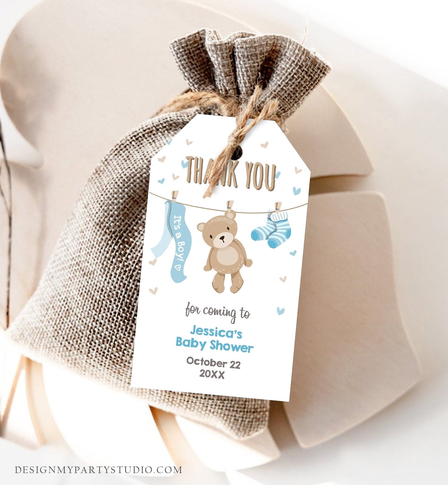 Editable Teddy Bear Baby Shower Favor Tags Bear Baby Shower Thank you Tags Woodland Baby Boy Blue Little Cub Gift Tags Template Corjl 0025