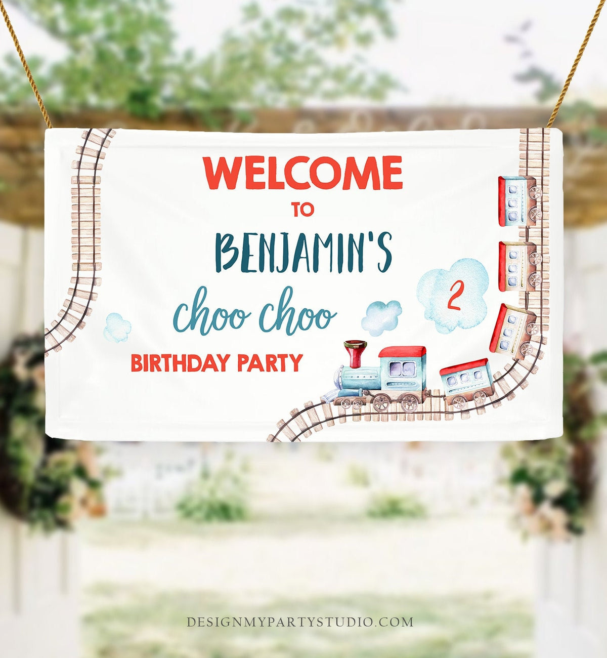 Editable Train Birthday Backdrop Banner Train Party Railroad Vintage Train Welcome Sign Red Blue Boy Download Corjl Template Printable 0149