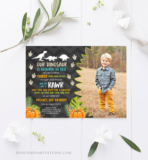 Editable Dinosaur Birthday Invitation Pumpkin Fall Pumpkin Patch Dino Dig Party Prehistoric Boy Chalk T-Rex Printable Template Corjl 0043