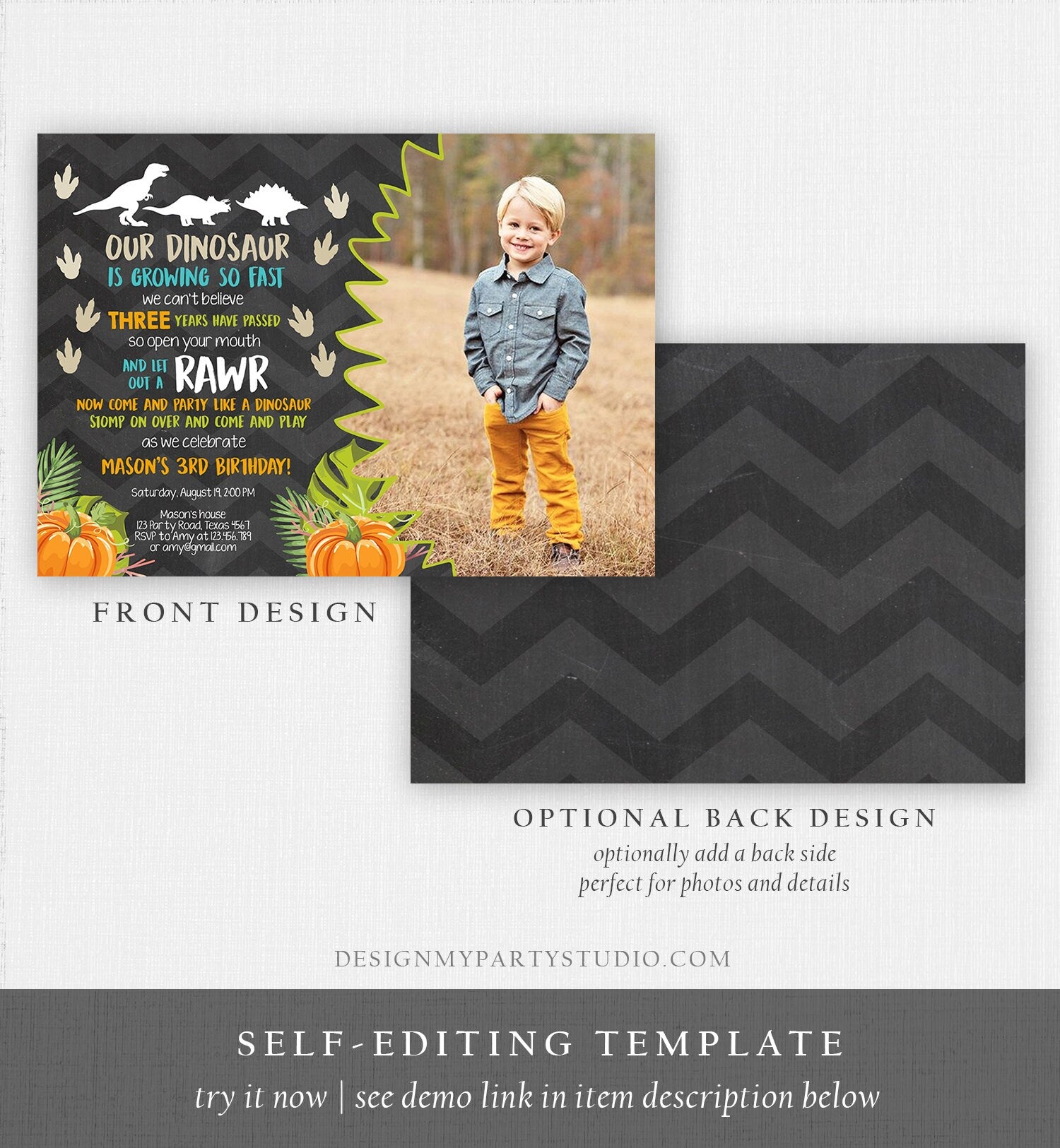 Editable Dinosaur Birthday Invitation Pumpkin Fall Pumpkin Patch Dino Dig Party Prehistoric Boy Chalk T-Rex Printable Template Corjl 0043