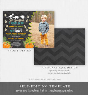 Editable Dinosaur Birthday Invitation Pumpkin Fall Pumpkin Patch Dino Dig Party Prehistoric Boy Chalk T-Rex Printable Template Corjl 0043